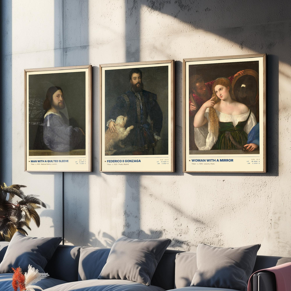 Titian Set of Three Art Prints - Man with a Quilted Sleeve, Federico II Gonzaga, Woman with a Mirror - Venetian Gallery Posters - Paintings