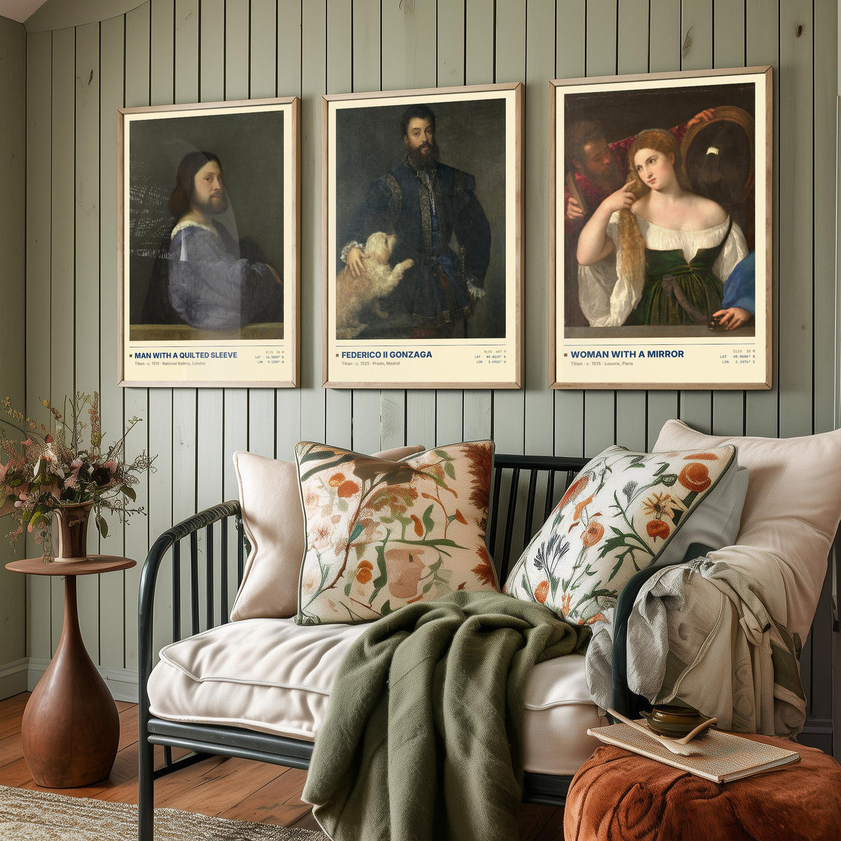 Titian Set of Three Art Prints - Man with a Quilted Sleeve, Federico II Gonzaga, Woman with a Mirror - Venetian Gallery Posters - Paintings
