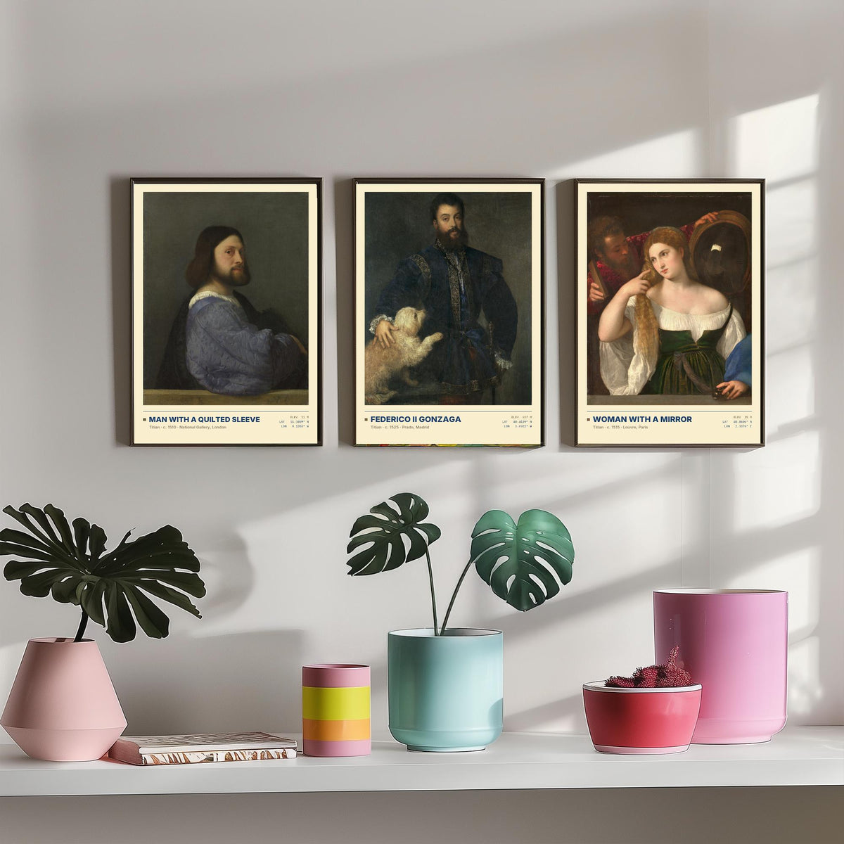 Titian Set of Three Art Prints - Man with a Quilted Sleeve, Federico II Gonzaga, Woman with a Mirror - Venetian Gallery Posters - Paintings