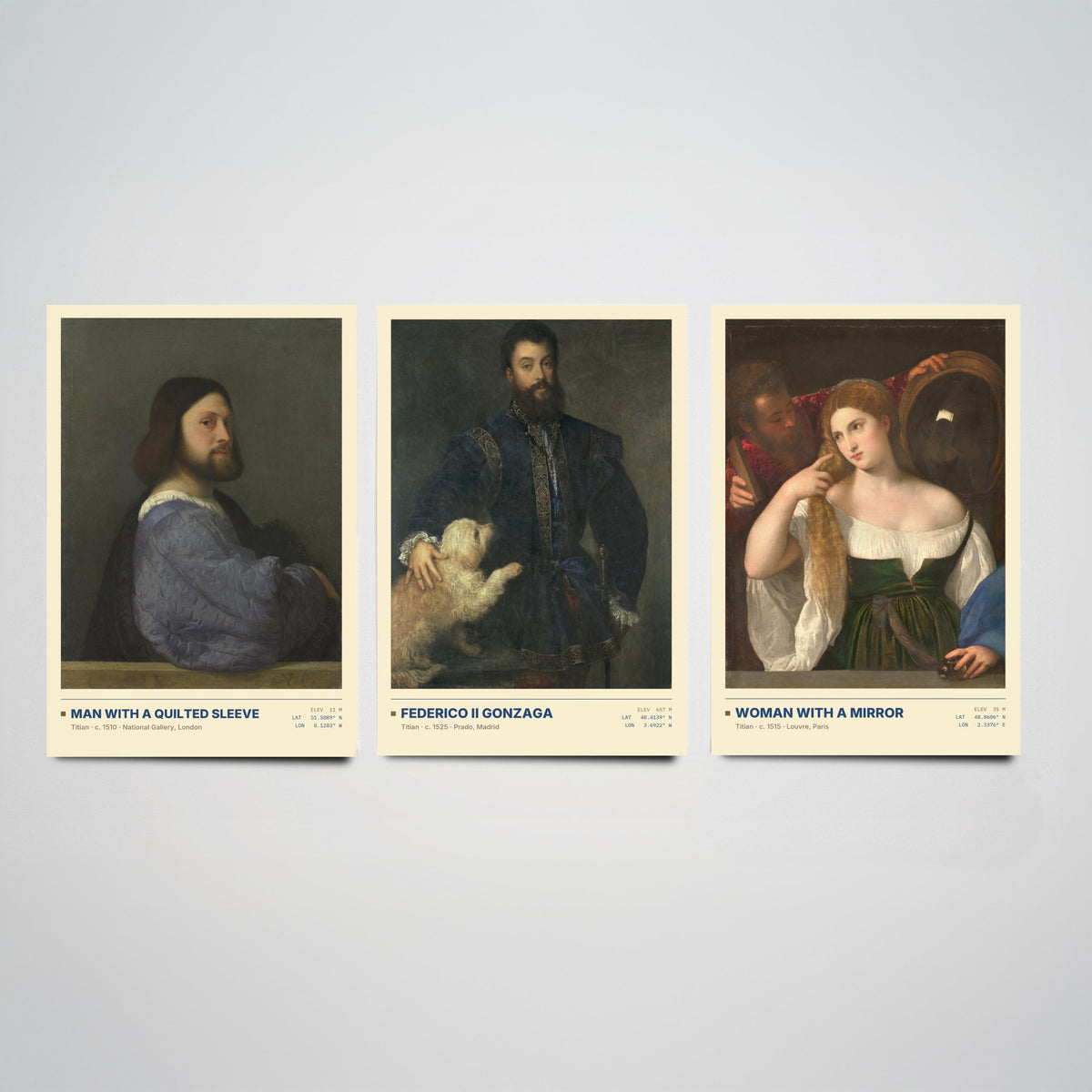 Titian Set of Three Art Prints - Man with a Quilted Sleeve, Federico II Gonzaga, Woman with a Mirror - Venetian Gallery Posters - Paintings
