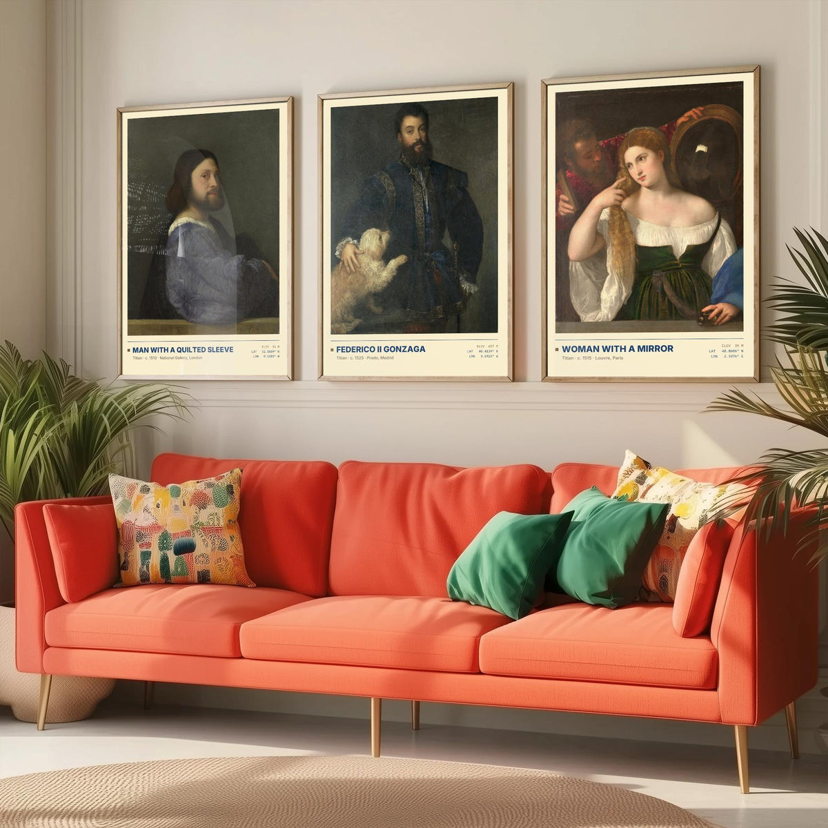 Titian Set of Three Art Prints - Man with a Quilted Sleeve, Federico II Gonzaga, Woman with a Mirror - Venetian Gallery Posters - Paintings