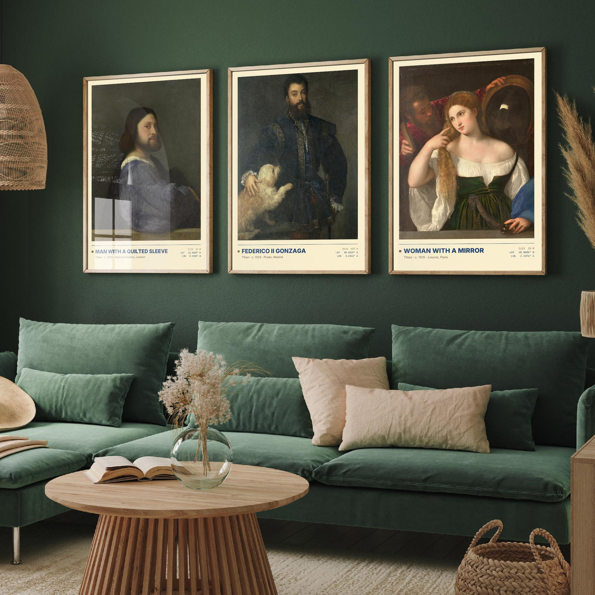 Titian Set of Three Art Prints - Man with a Quilted Sleeve, Federico II Gonzaga, Woman with a Mirror - Venetian Gallery Posters - Paintings