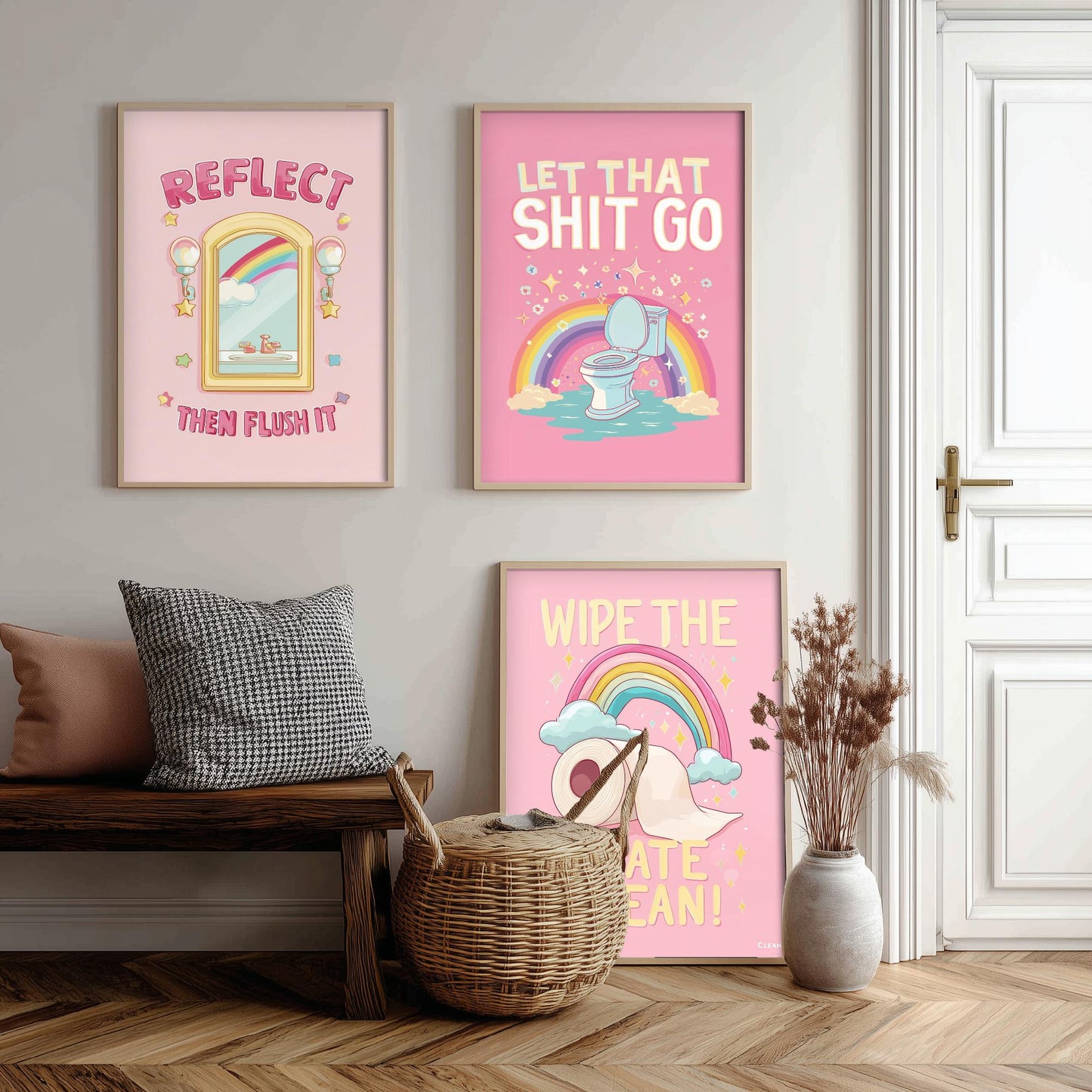 Funny Toilet Quotes Set of Three Art Prints - Reflect Then Flush It, Let That Go, Wipe The Slate Clean - 3 Bathroom Posters Illustration
