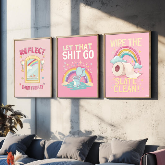 Funny Toilet Quotes Set of Three Art Prints - Reflect Then Flush It, Let That Go, Wipe The Slate Clean - 3 Bathroom Posters Illustration