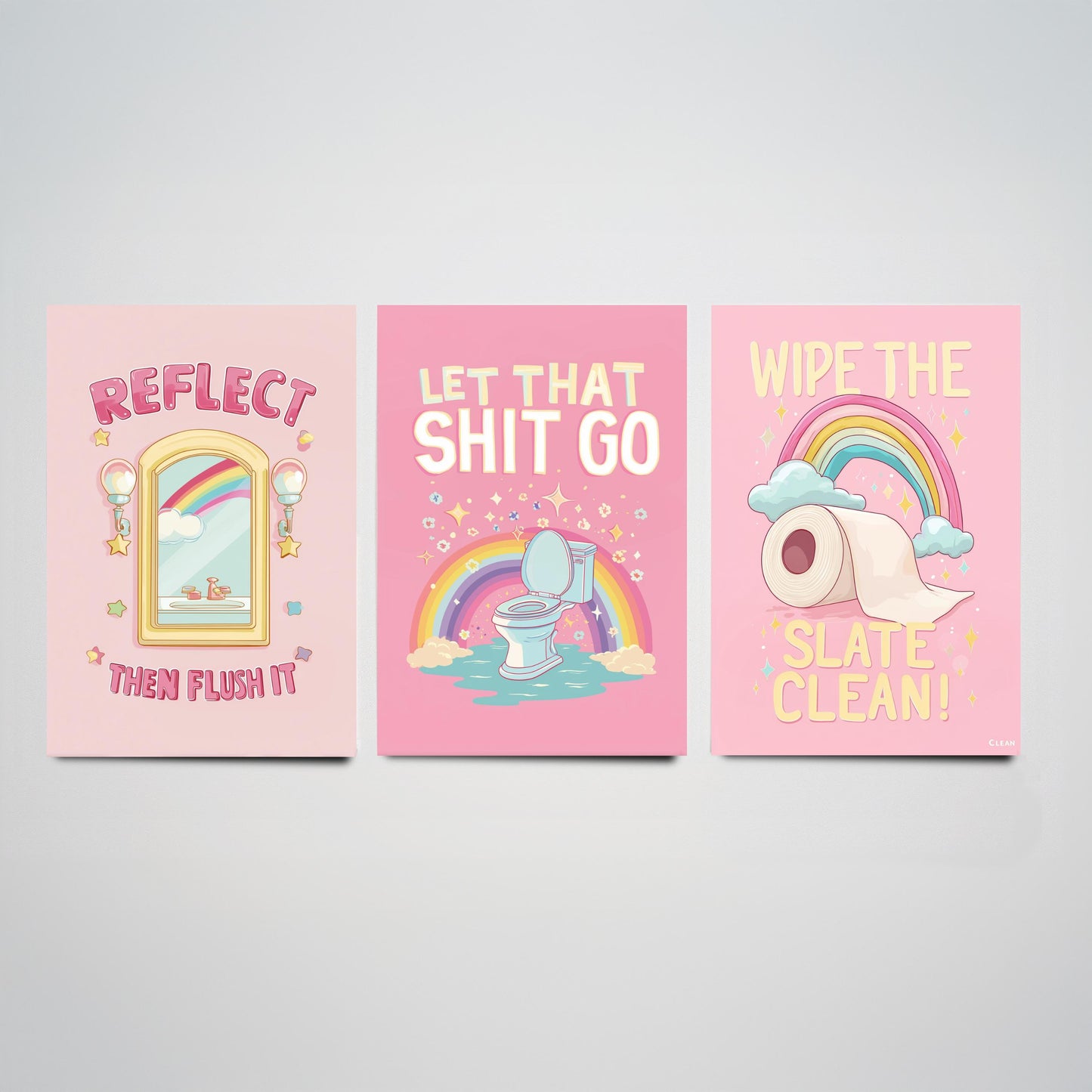 Funny Toilet Quotes Set of Three Art Prints - Reflect Then Flush It, Let That Go, Wipe The Slate Clean - 3 Bathroom Posters Illustration