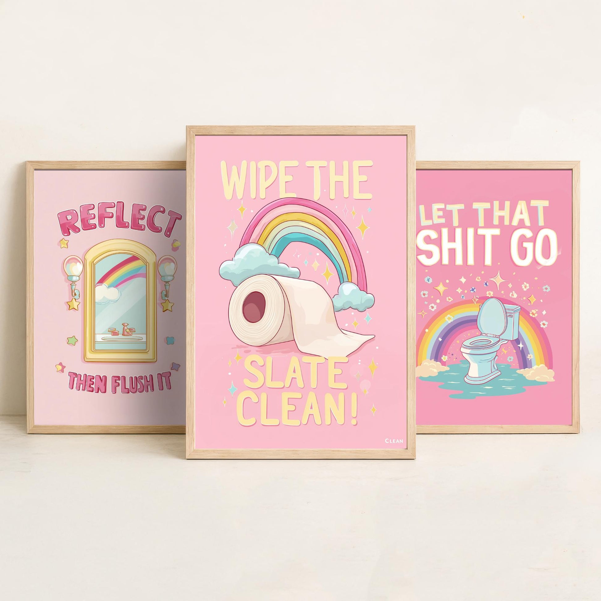 Funny Toilet Quotes Set of Three Art Prints - Reflect Then Flush It, Let That Go, Wipe The Slate Clean - 3 Bathroom Posters Illustration