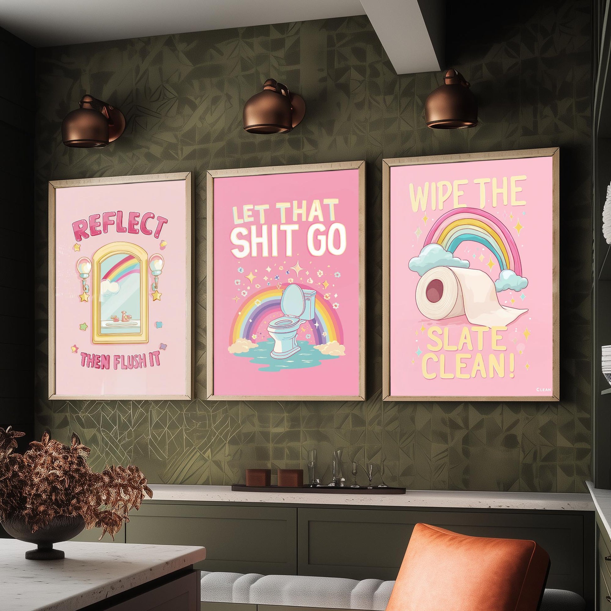 Funny Toilet Quotes Set of Three Art Prints - Reflect Then Flush It, Let That Go, Wipe The Slate Clean - 3 Bathroom Posters Illustration