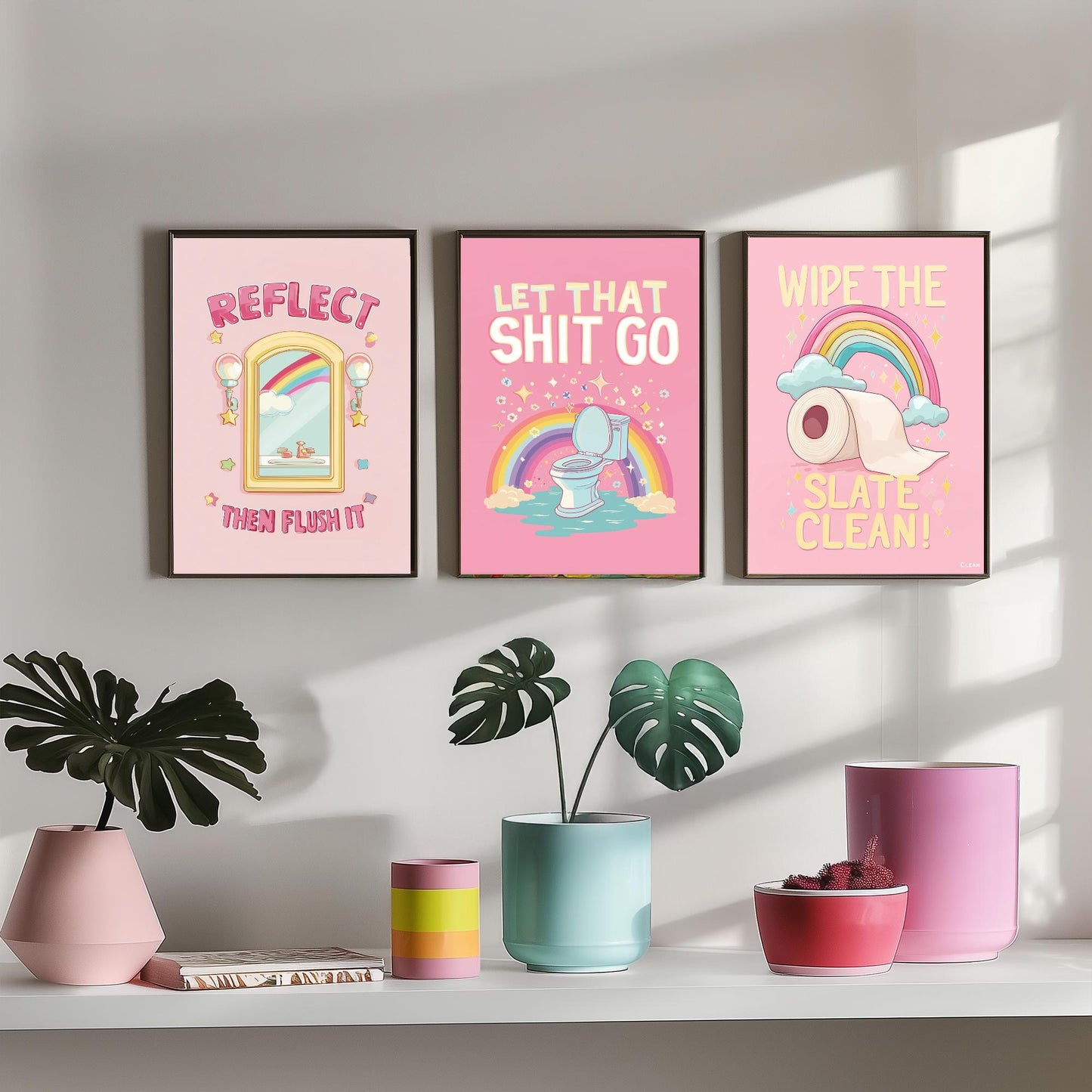 Funny Toilet Quotes Set of Three Art Prints - Reflect Then Flush It, Let That Go, Wipe The Slate Clean - 3 Bathroom Posters Illustration