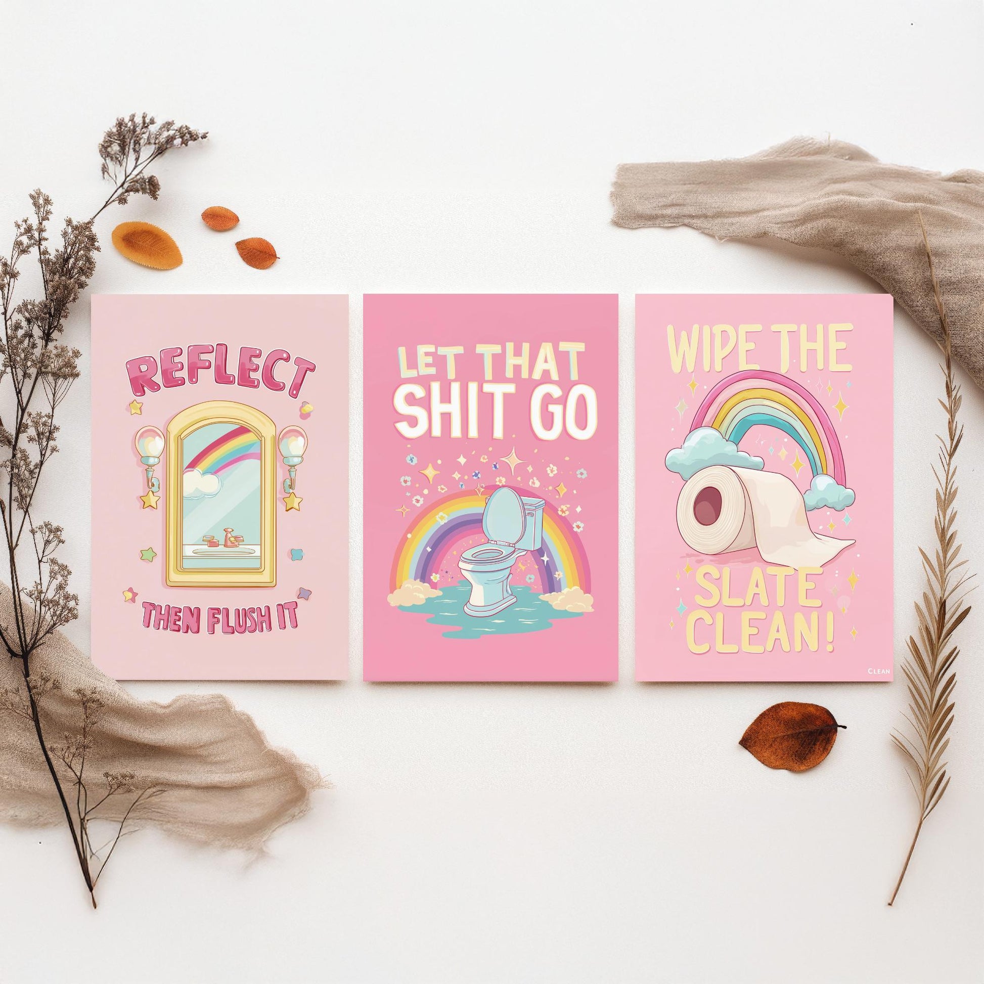 Funny Toilet Quotes Set of Three Art Prints - Reflect Then Flush It, Let That Go, Wipe The Slate Clean - 3 Bathroom Posters Illustration