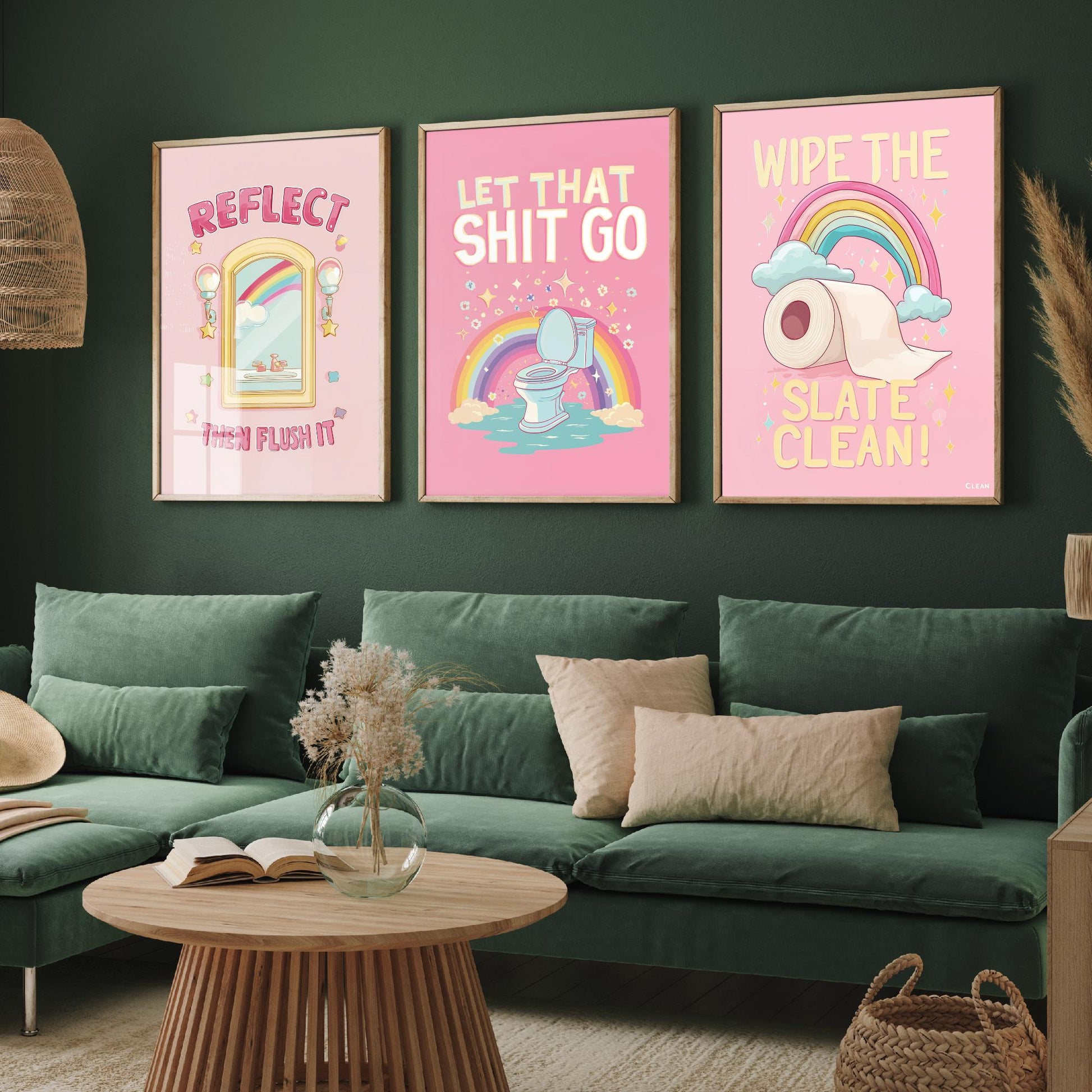 Funny Toilet Quotes Set of Three Art Prints - Reflect Then Flush It, Let That Go, Wipe The Slate Clean - 3 Bathroom Posters Illustration
