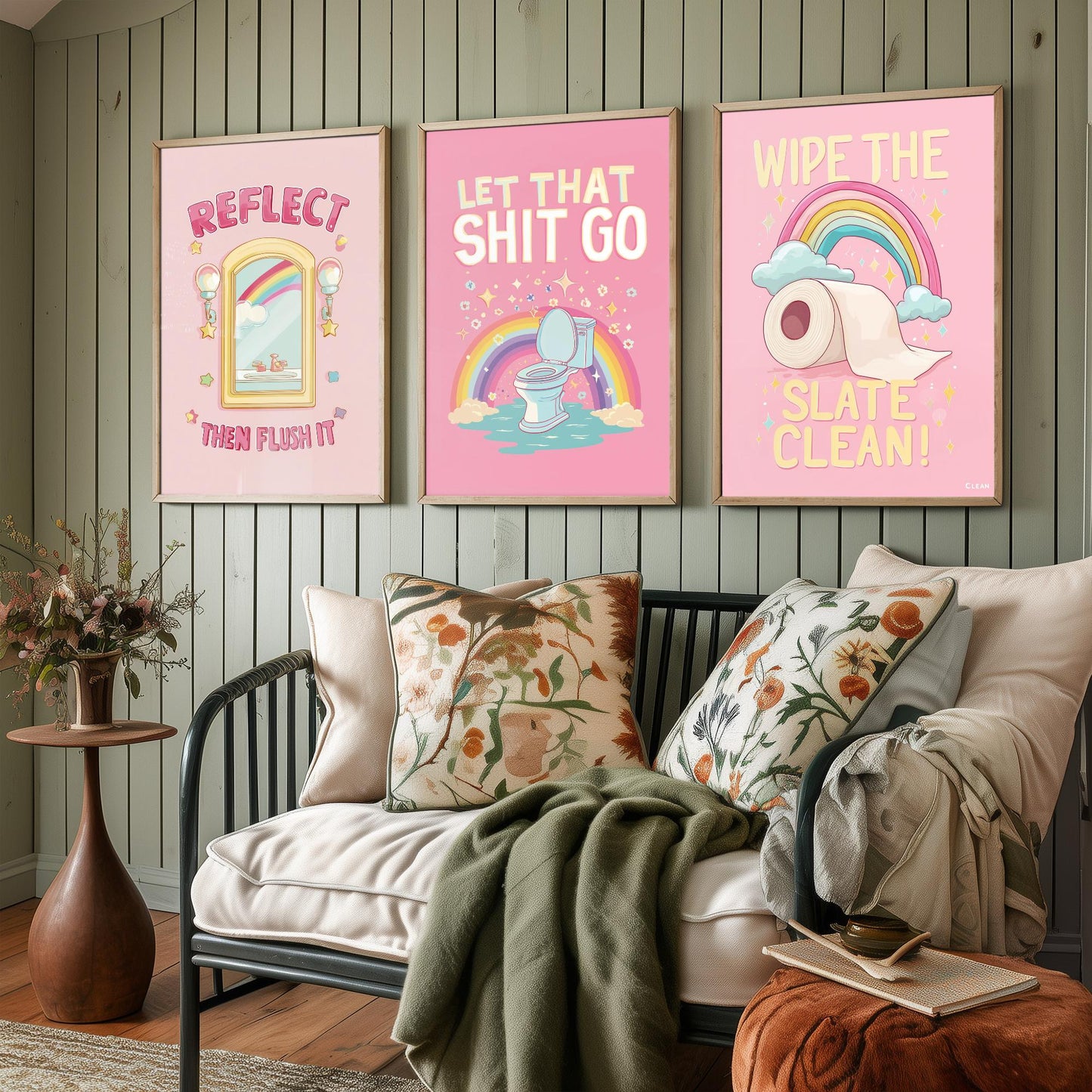 Funny Toilet Quotes Set of Three Art Prints - Reflect Then Flush It, Let That Go, Wipe The Slate Clean - 3 Bathroom Posters Illustration