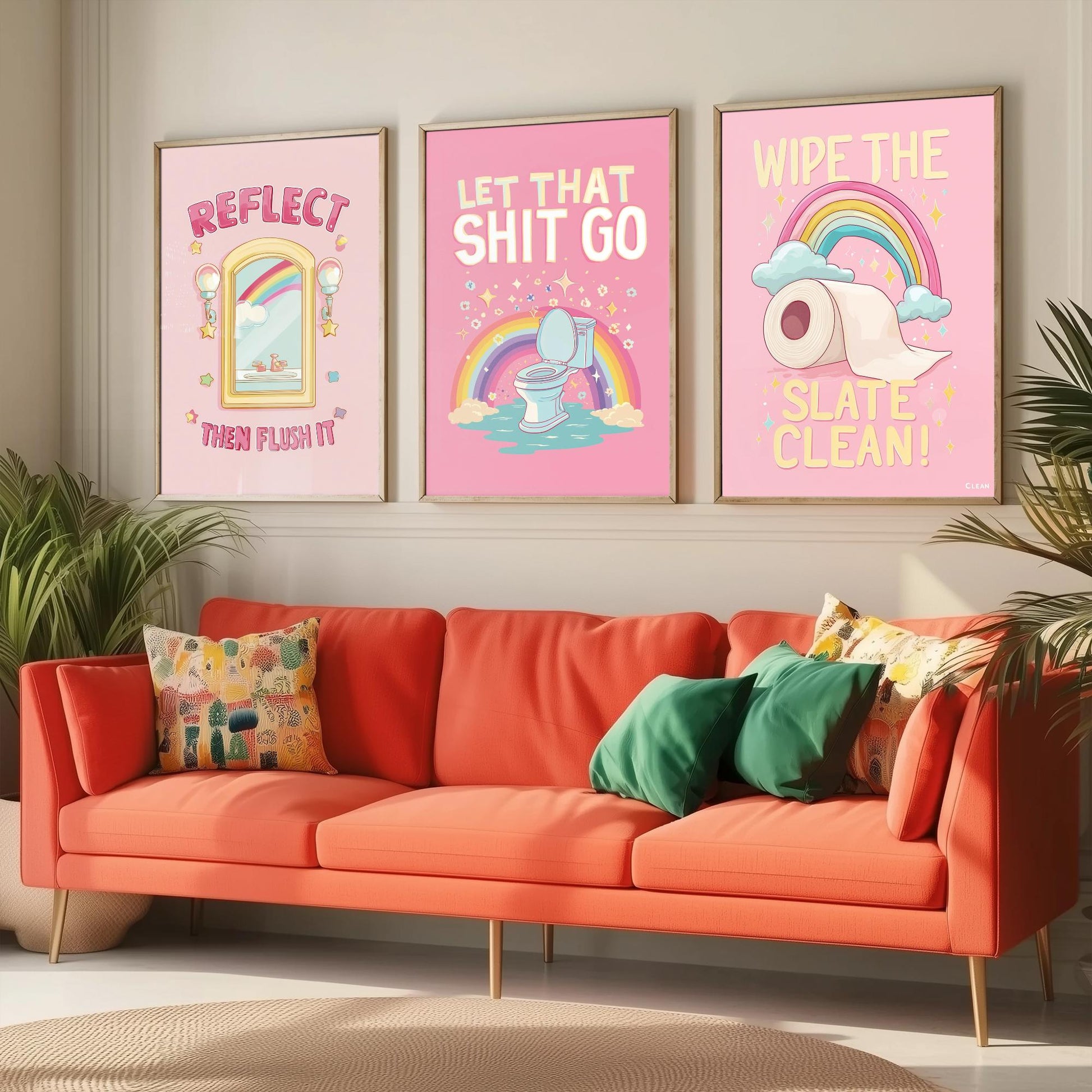 Funny Toilet Quotes Set of Three Art Prints - Reflect Then Flush It, Let That Go, Wipe The Slate Clean - 3 Bathroom Posters Illustration