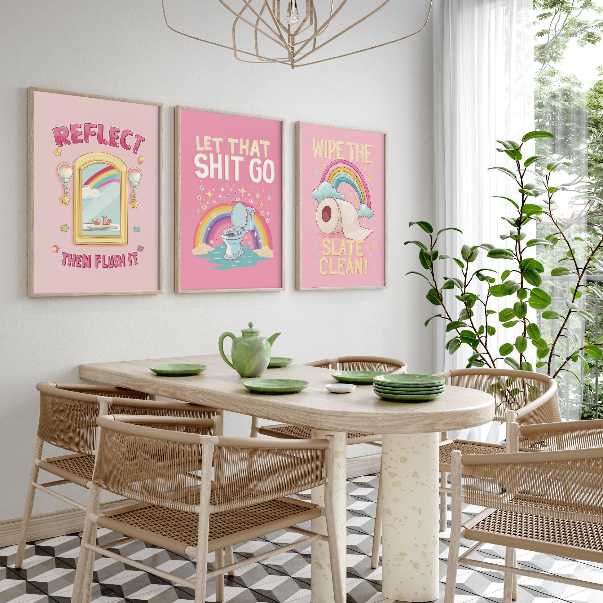 Funny Toilet Quotes Set of Three Art Prints - Reflect Then Flush It, Let That Go, Wipe The Slate Clean - 3 Bathroom Posters Illustration