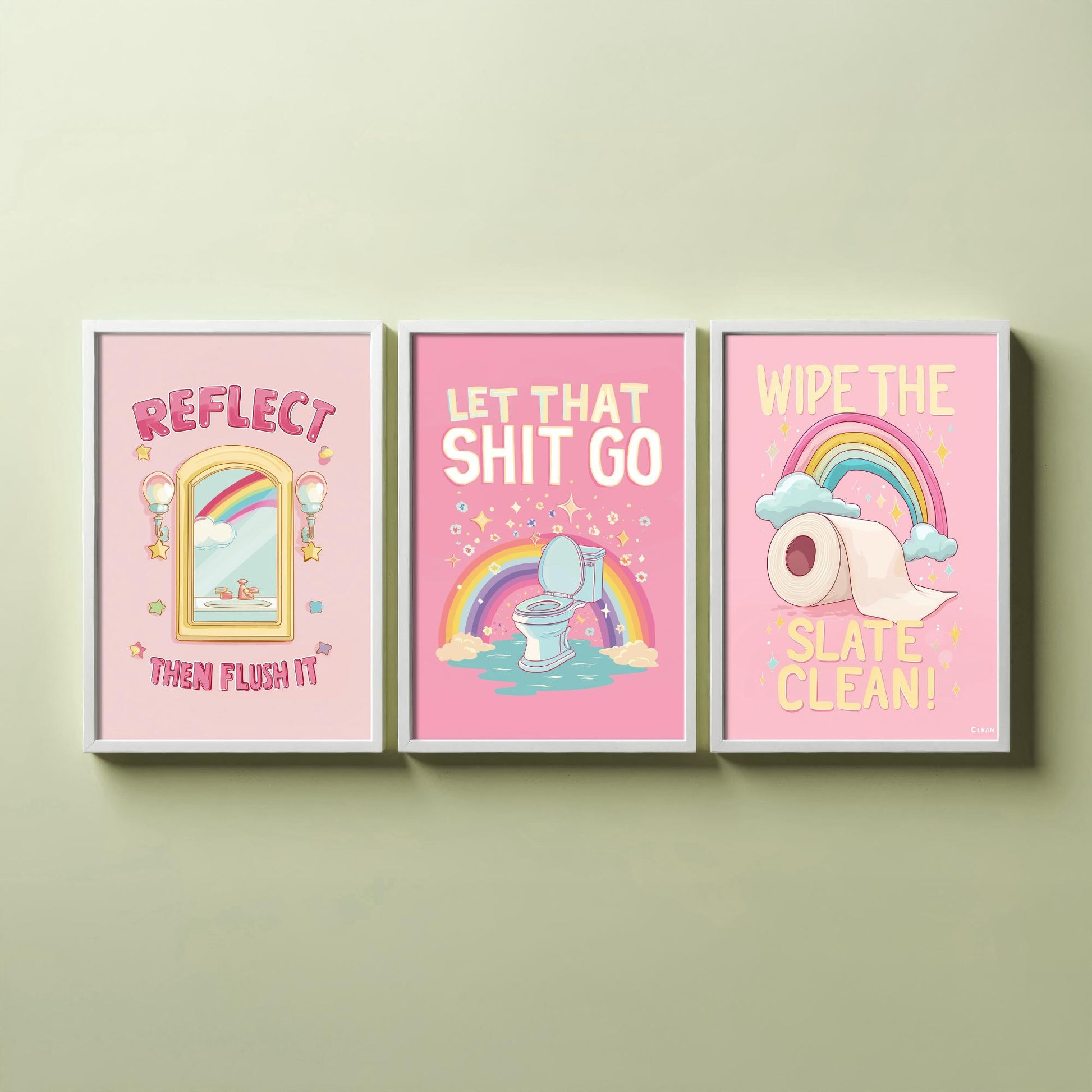 Funny Toilet Quotes Set of Three Art Prints - Reflect Then Flush It, Let That Go, Wipe The Slate Clean - 3 Bathroom Posters Illustration