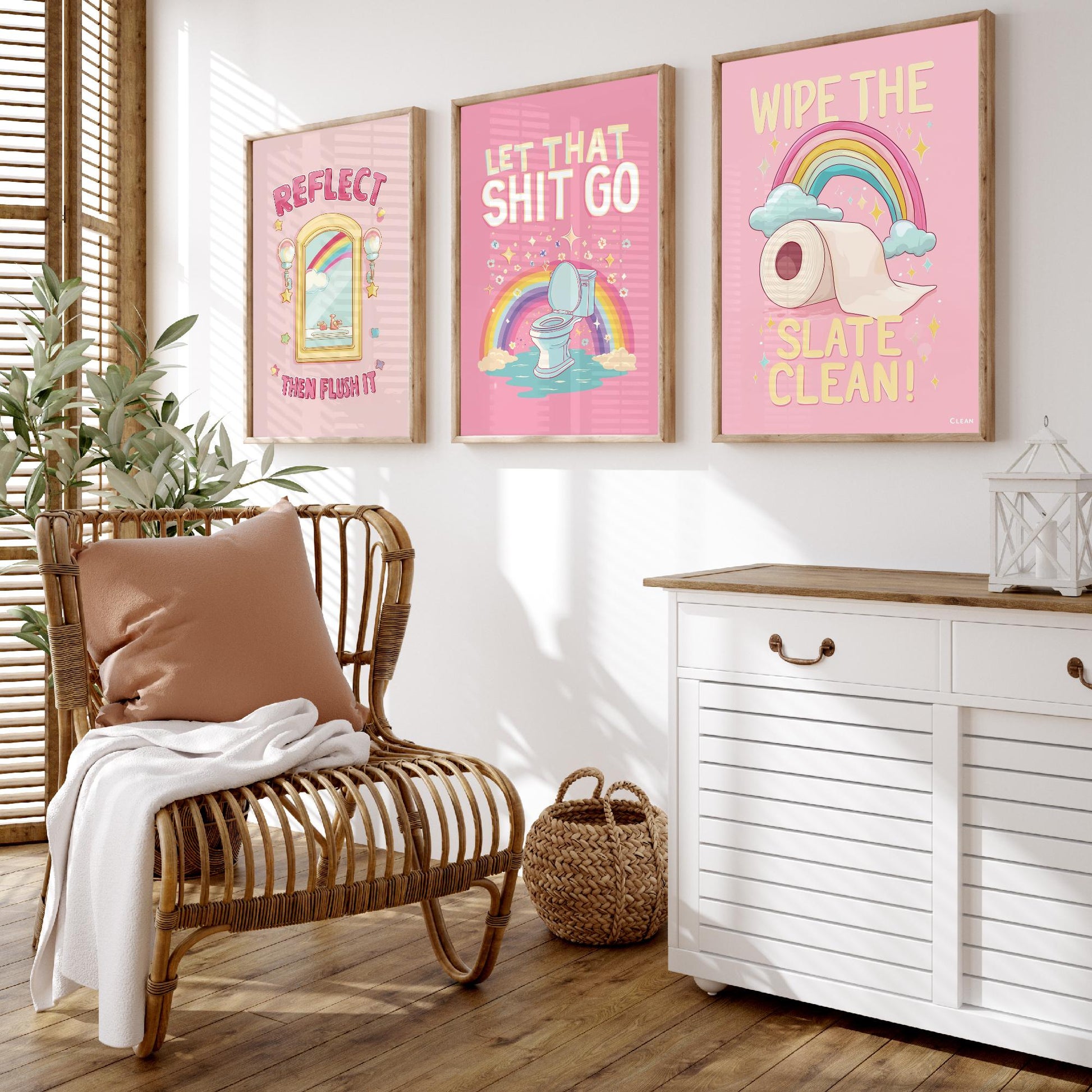 Funny Toilet Quotes Set of Three Art Prints - Reflect Then Flush It, Let That Go, Wipe The Slate Clean - 3 Bathroom Posters Illustration