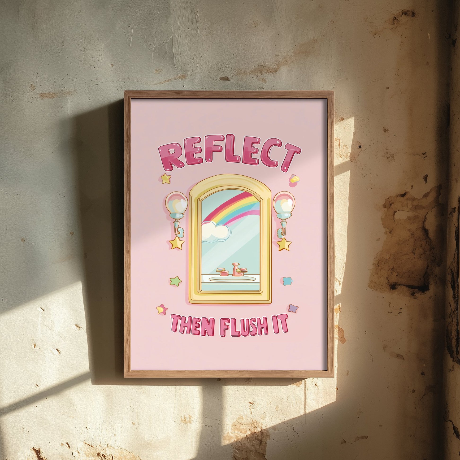 Reflect Then Flush It Funny Bathroom Art Print - Toilet Humour Poster - Cute Rainbow Illustration - Quote 1/3