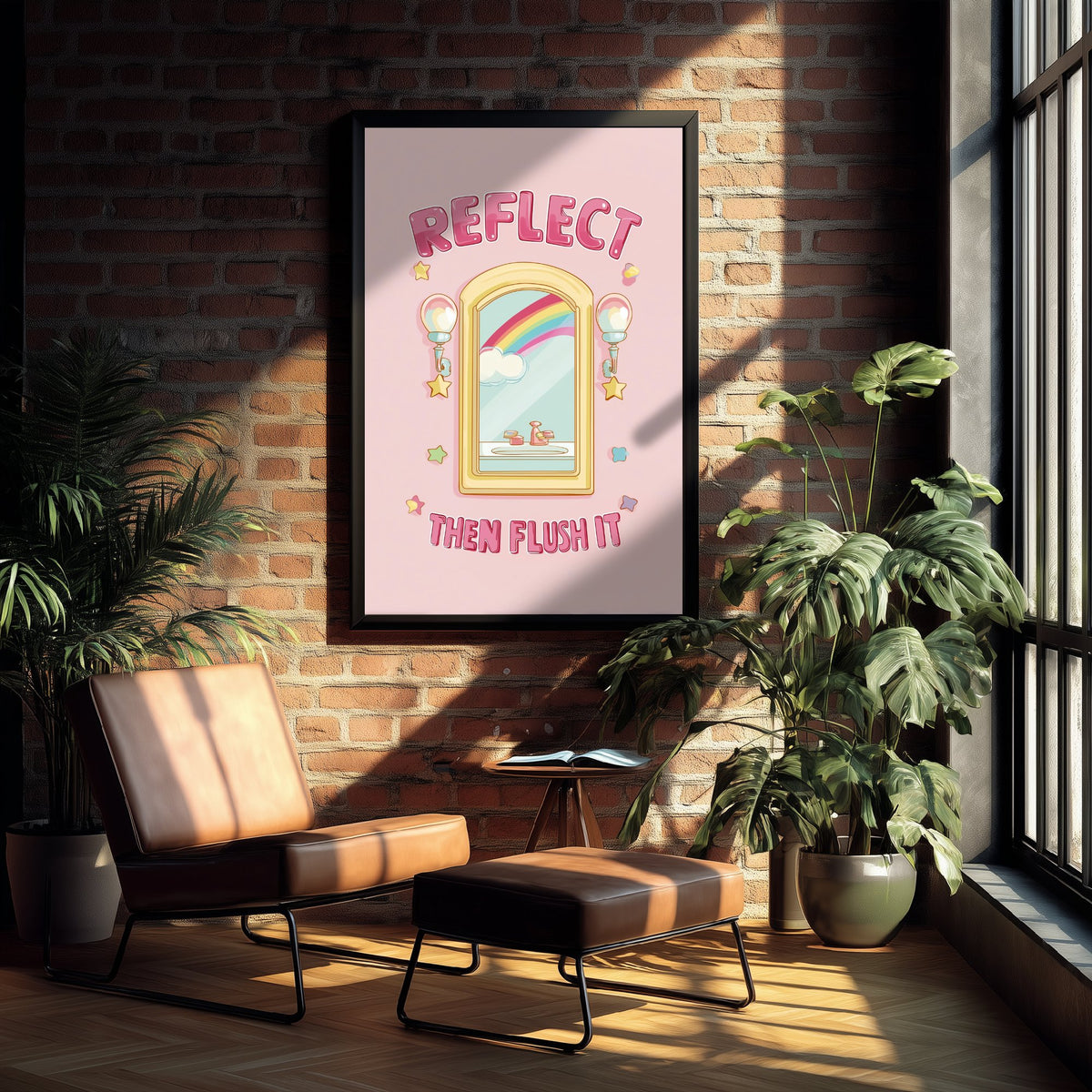 Reflect Then Flush It Funny Bathroom Art Print - Toilet Humour Poster - Cute Rainbow Illustration - Quote 1/3