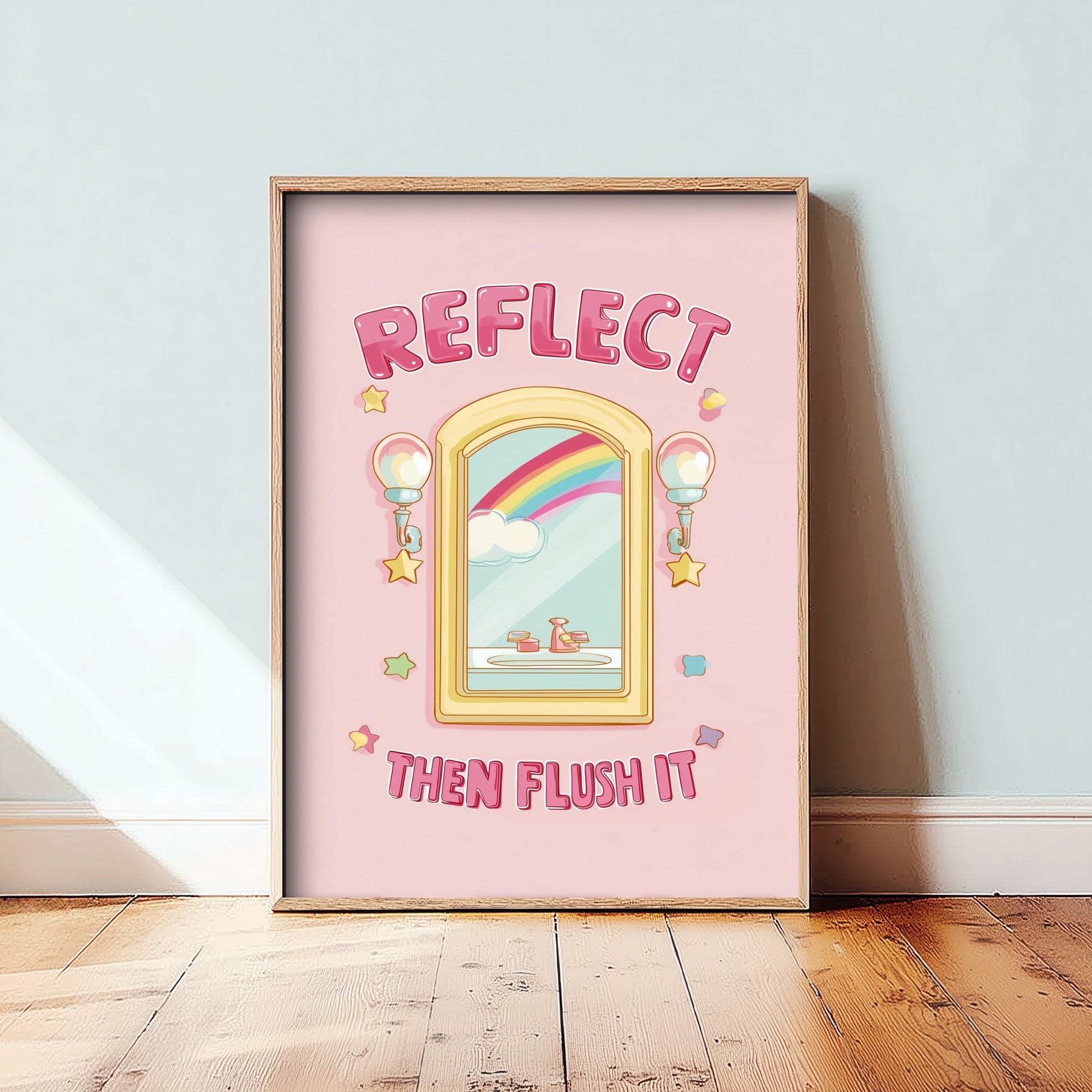 Reflect Then Flush It Funny Bathroom Art Print - Toilet Humour Poster - Cute Rainbow Illustration - Quote 1/3