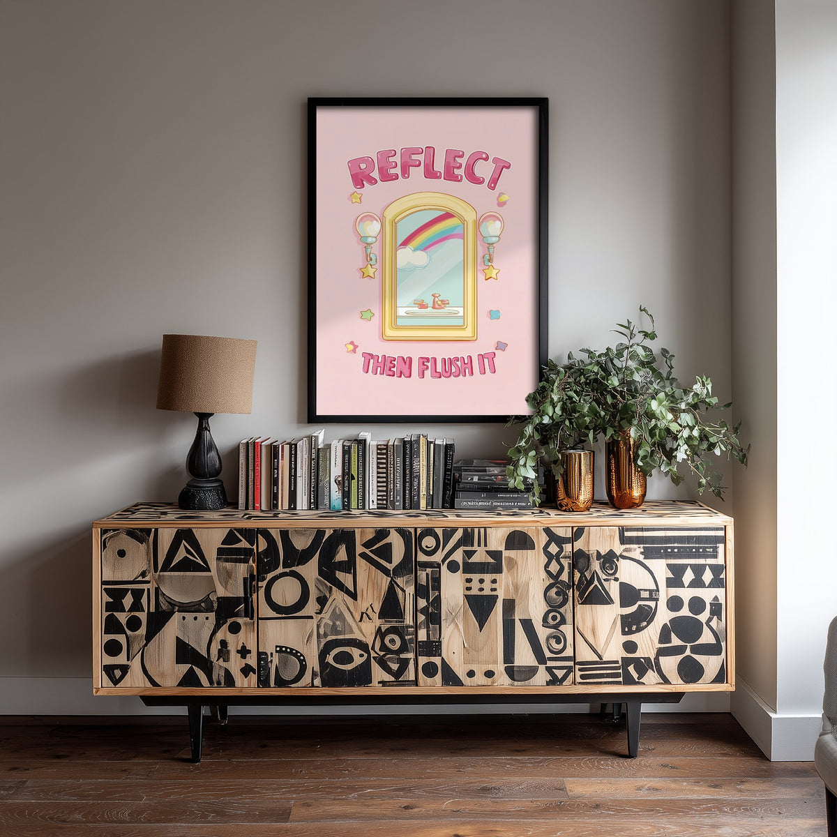 Reflect Then Flush It Funny Bathroom Art Print - Toilet Humour Poster - Cute Rainbow Illustration - Quote 1/3