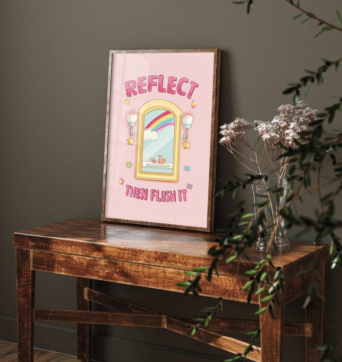Reflect Then Flush It Funny Bathroom Art Print - Toilet Humour Poster - Cute Rainbow Illustration - Quote 1/3