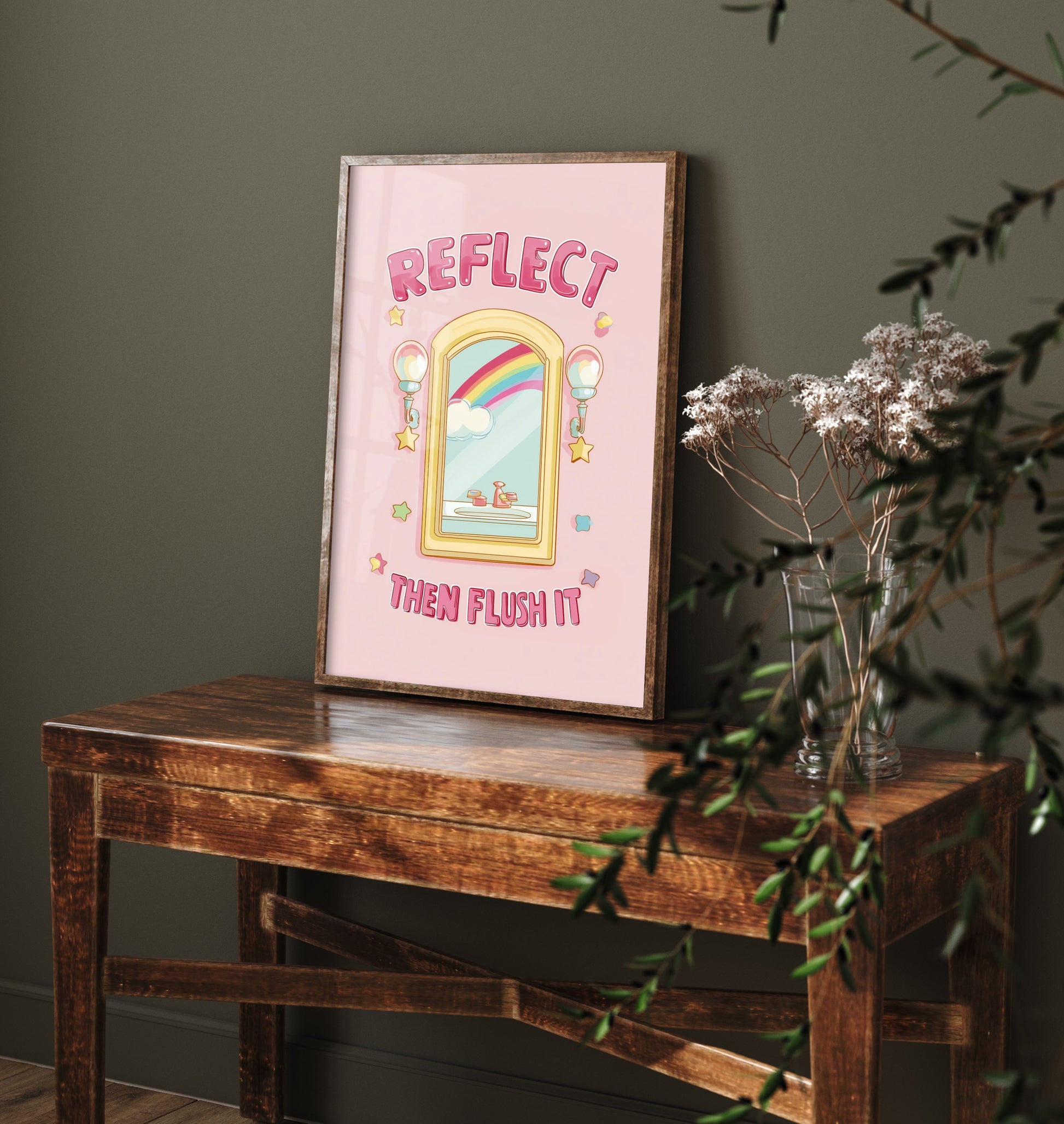Reflect Then Flush It Funny Bathroom Art Print - Toilet Humour Poster - Cute Rainbow Illustration - Quote 1/3