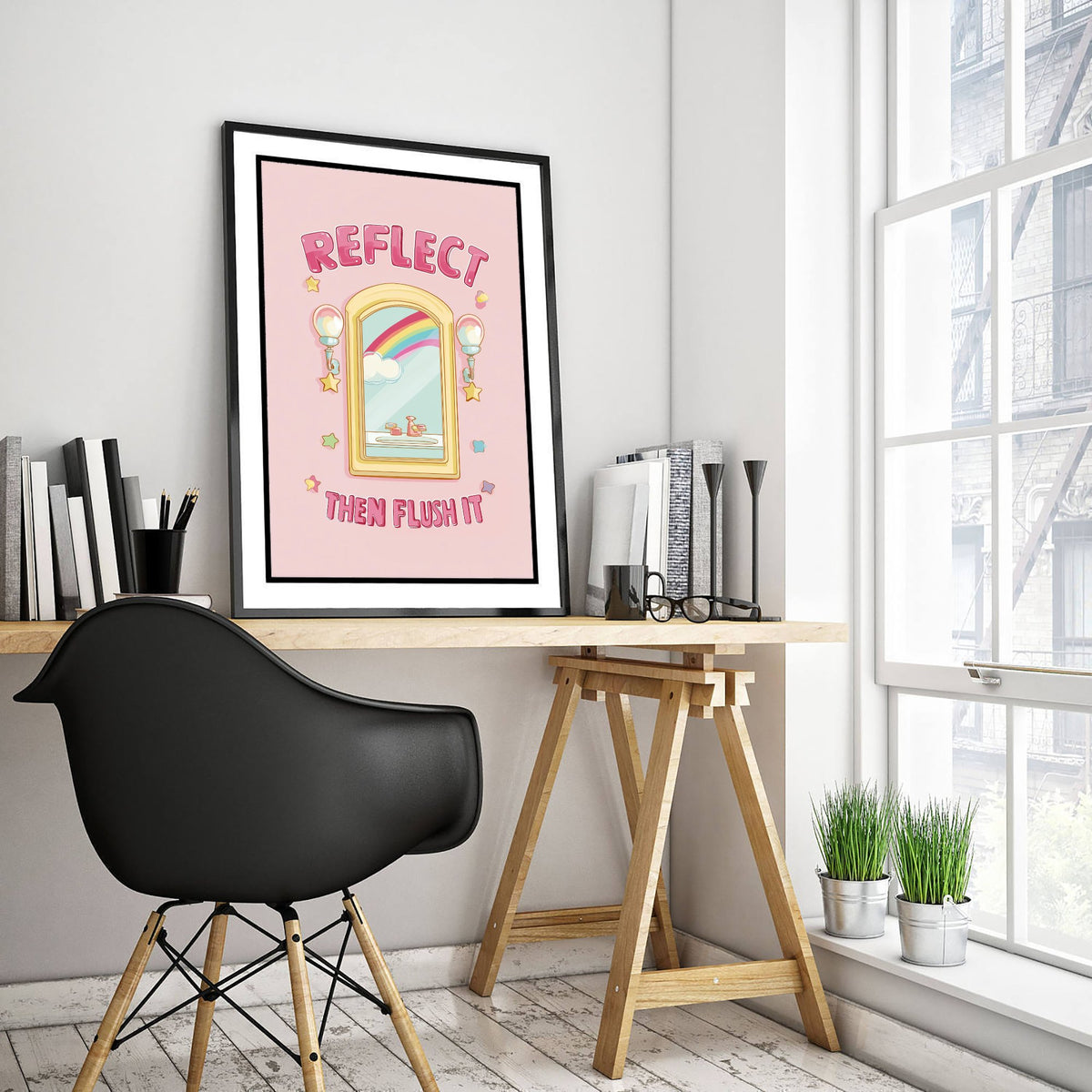 Reflect Then Flush It Funny Bathroom Art Print - Toilet Humour Poster - Cute Rainbow Illustration - Quote 1/3