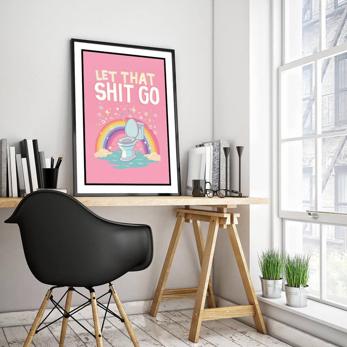 Let That Shit Go Funny Bathroom Art Print - Toilet Humour Poster - Rainbow Quote Illustration - Toilet 2/3