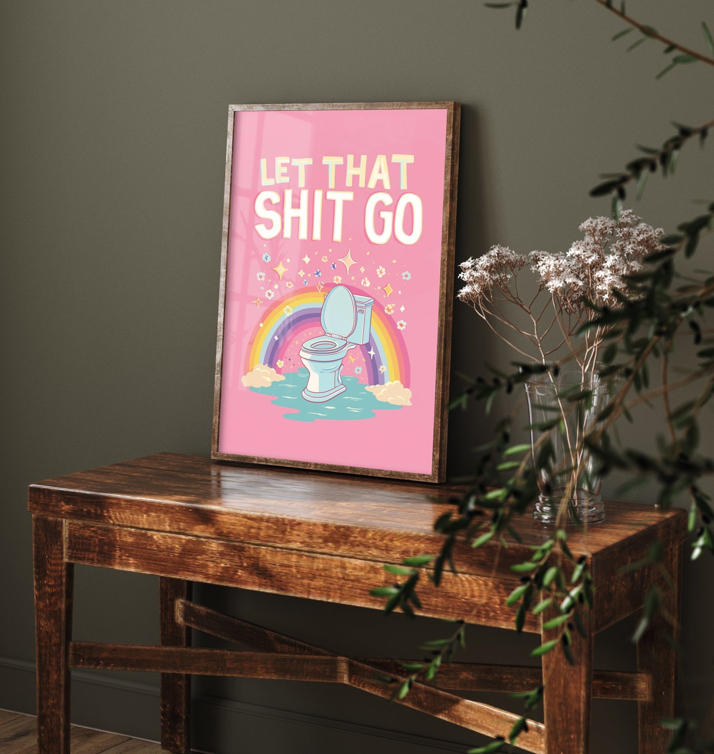 Let That Shit Go Funny Bathroom Art Print - Toilet Humour Poster - Rainbow Quote Illustration - Toilet 2/3