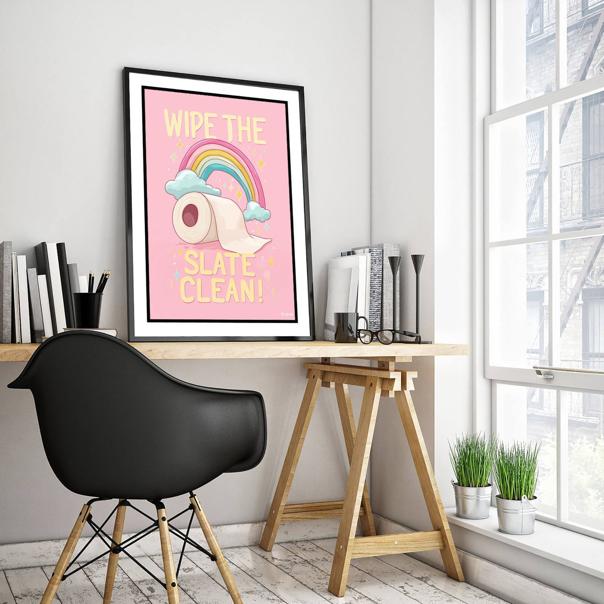 Wipe The Slate Clean Funny Bathroom Art Print - Toilet Humour Poster - Rainbow Illustration - Quote 3/3