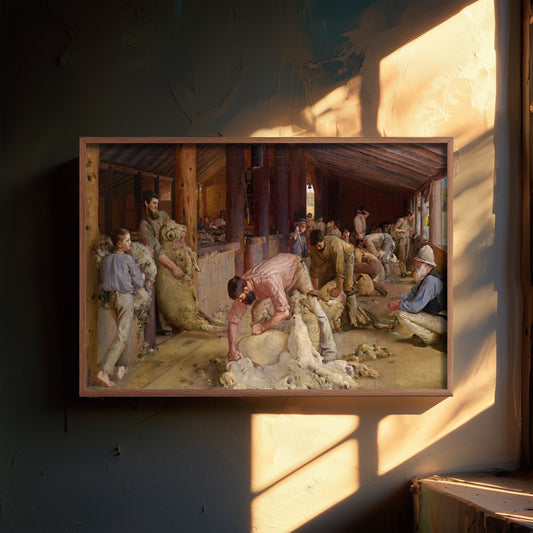 Tom Roberts - Shearing the Rams (1890) - Classic Painting Art Print - Australian Woolshed Shearers at Work Outback Poster