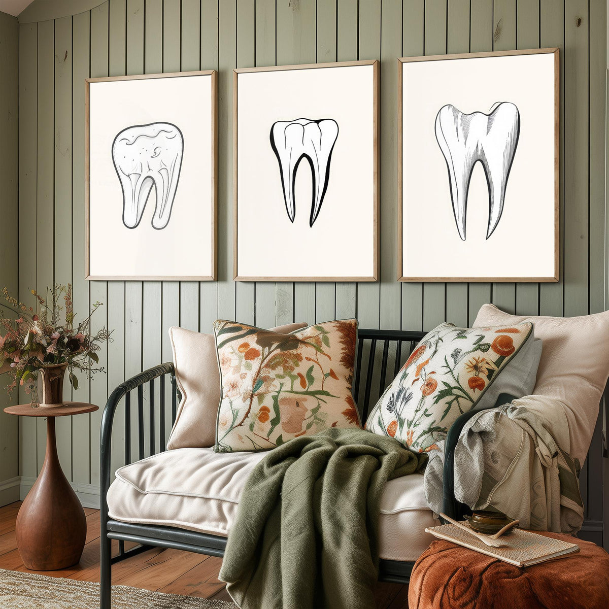 Tooth Drawing Set of Three Art Prints - Line Art Molars on White Background - Dentist Office Poster - Minimalist Dental Decor