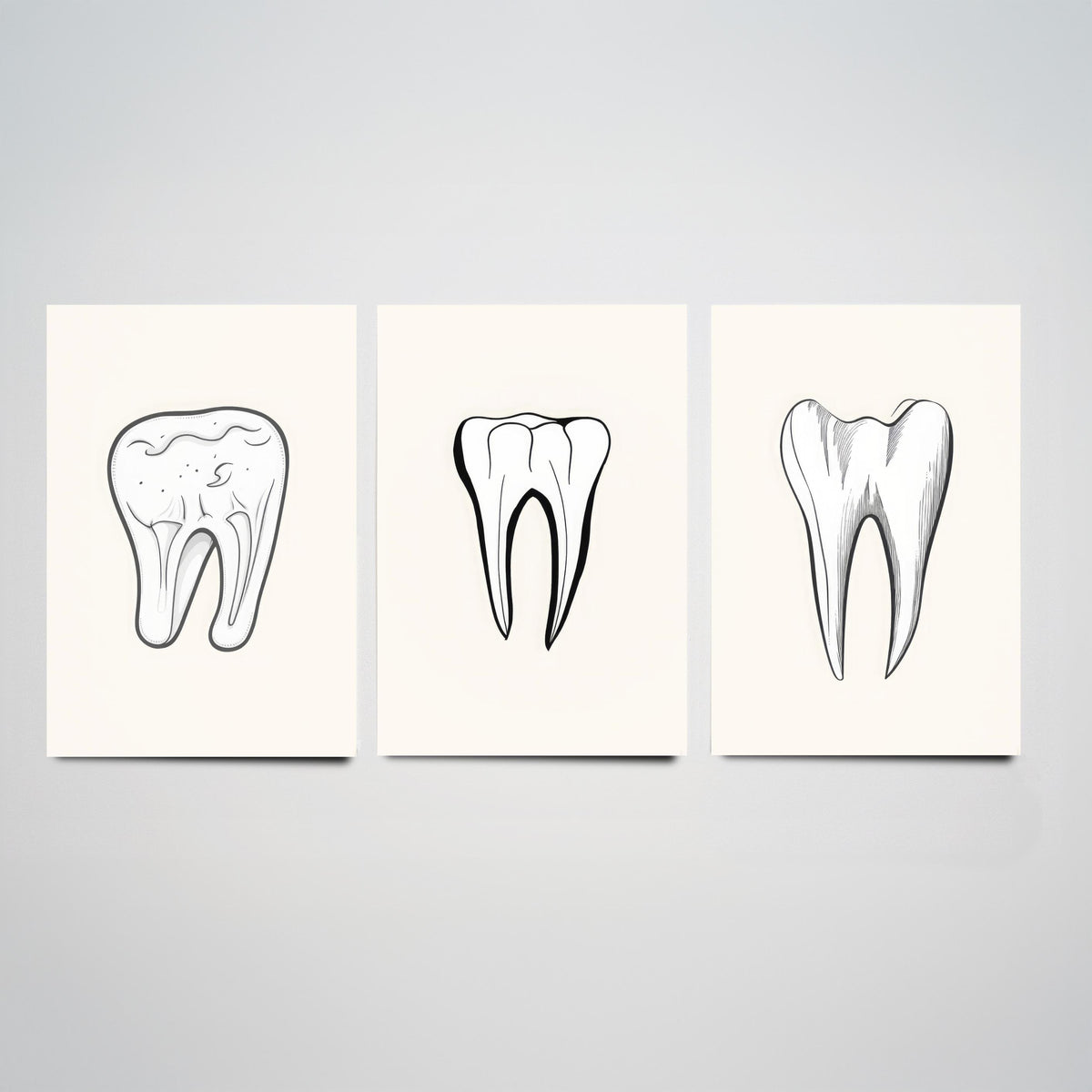 Tooth Drawing Set of Three Art Prints - Line Art Molars on White Background - Dentist Office Poster - Minimalist Dental Decor