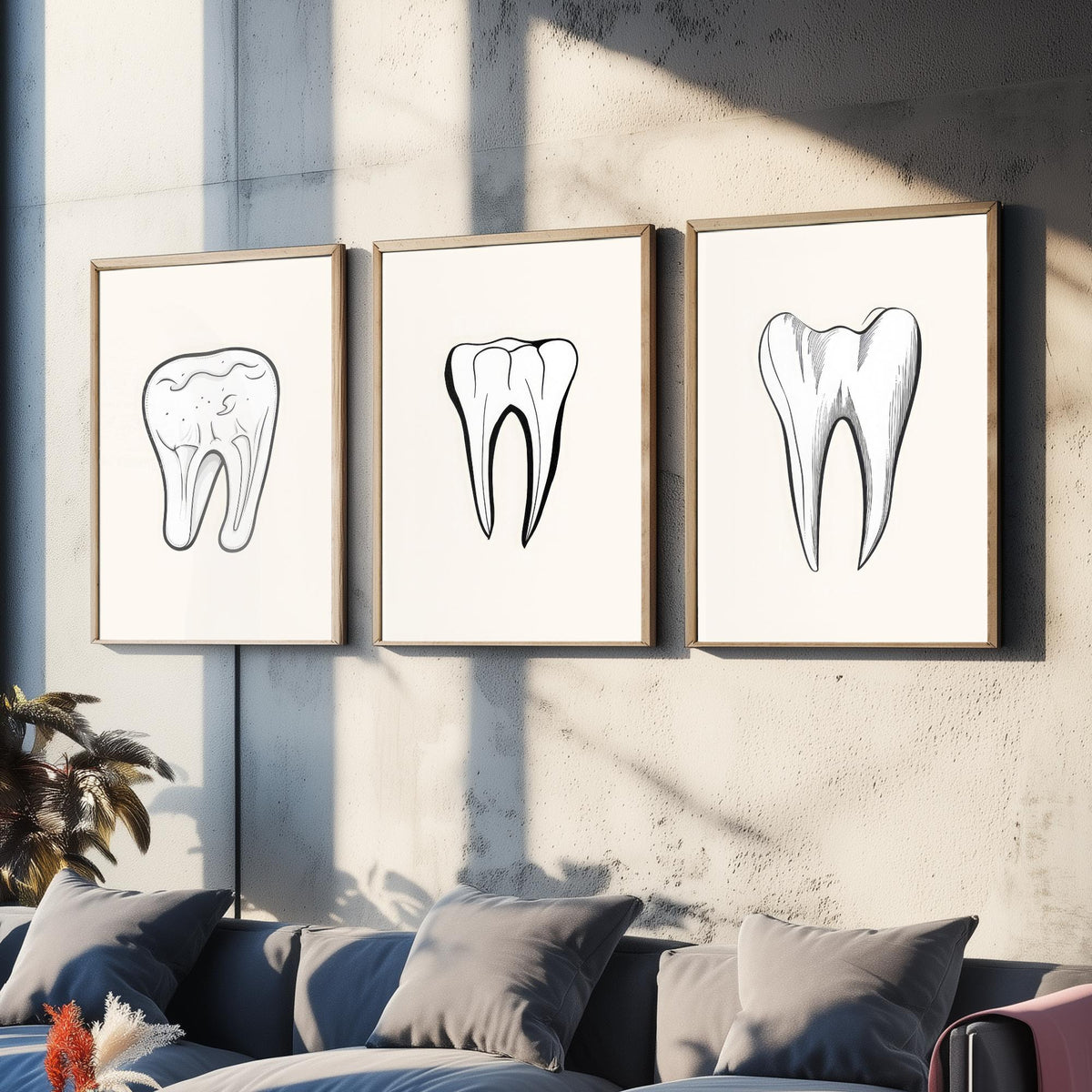 Tooth Drawing Set of Three Art Prints - Line Art Molars on White Background - Dentist Office Poster - Minimalist Dental Decor