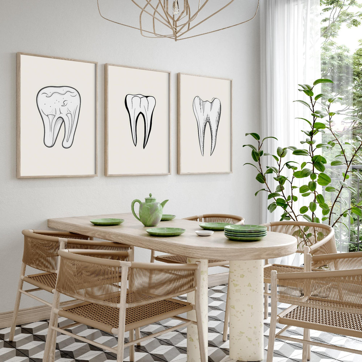 Tooth Drawing Set of Three Art Prints - Line Art Molars on White Background - Dentist Office Poster - Minimalist Dental Decor