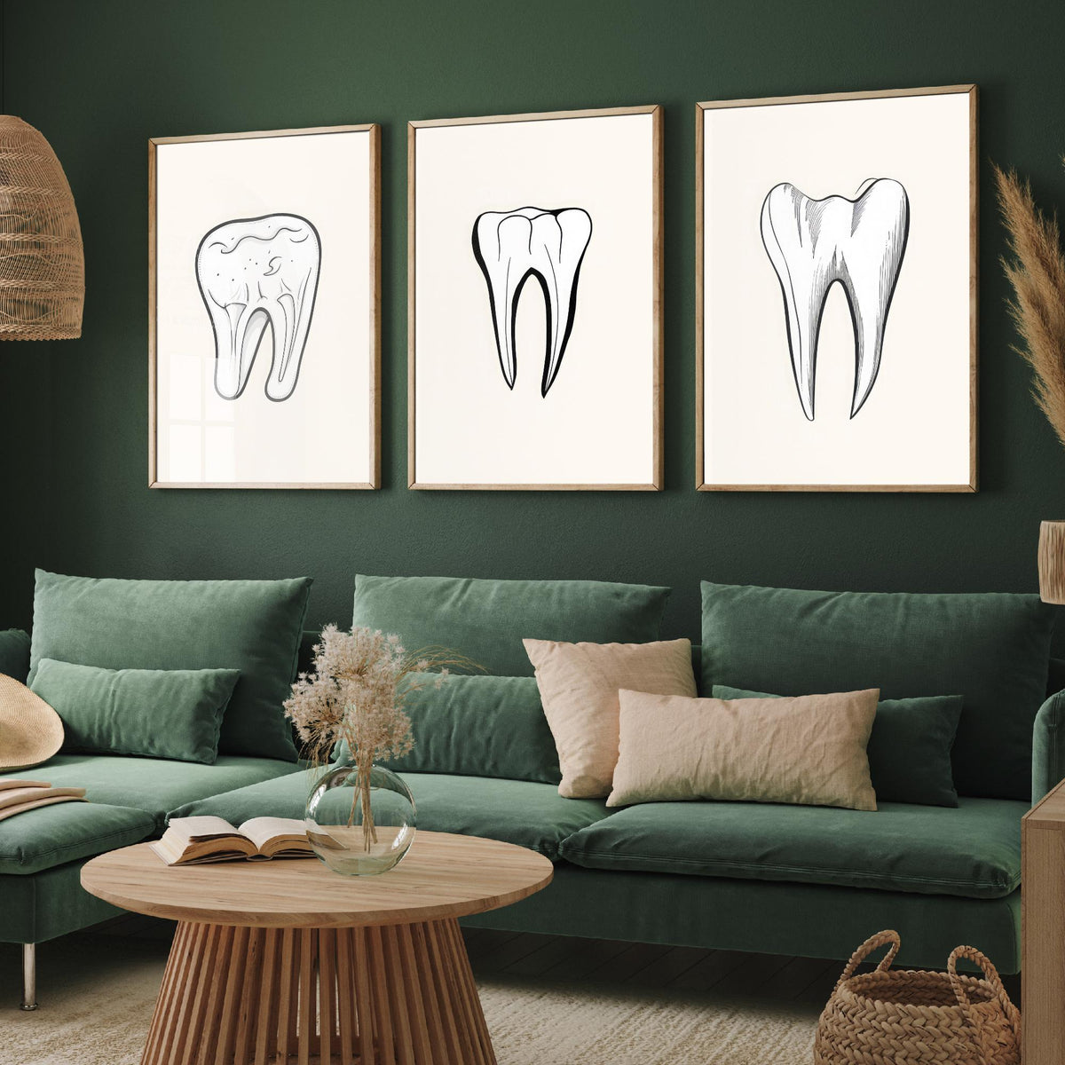 Tooth Drawing Set of Three Art Prints - Line Art Molars on White Background - Dentist Office Poster - Minimalist Dental Decor