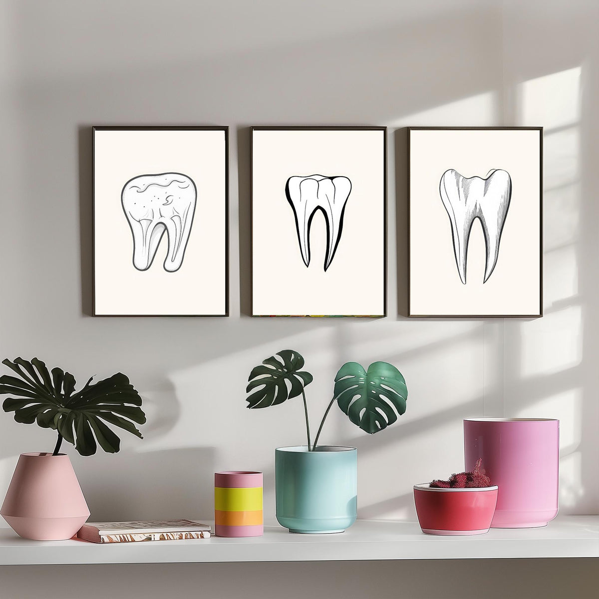 Tooth Drawing Set of Three Art Prints - Line Art Molars on White Background - Dentist Office Poster - Minimalist Dental Decor