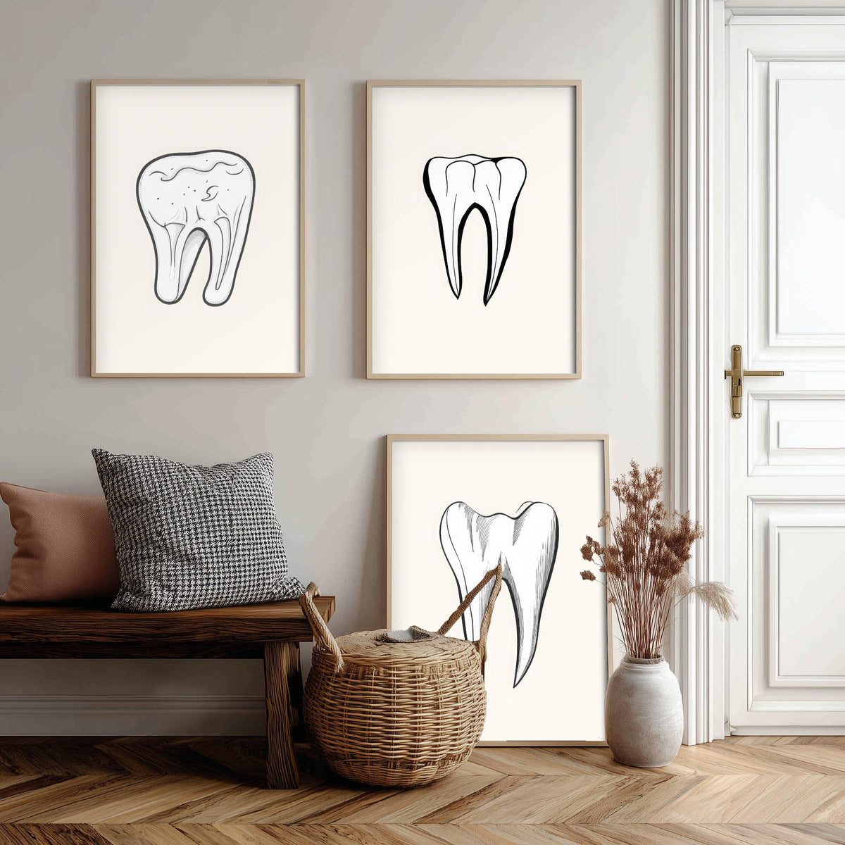 Tooth Drawing Set of Three Art Prints - Line Art Molars on White Background - Dentist Office Poster - Minimalist Dental Decor