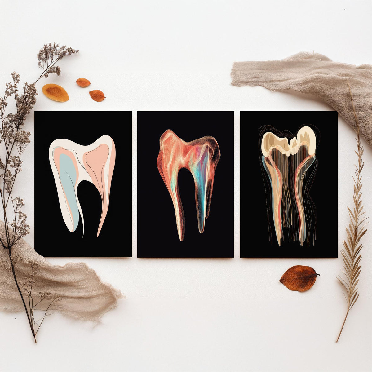 Tooth Symphonies Set of Three Art Prints - Pastel Molar, Iridescent Tooth, Thread Tooth - Abstract Dental Illustration Poster on Black