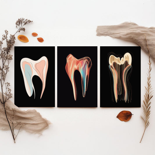 Tooth Symphonies Set of Three Art Prints - Pastel Molar, Iridescent Tooth, Thread Tooth - Abstract Dental Illustration Poster on Black