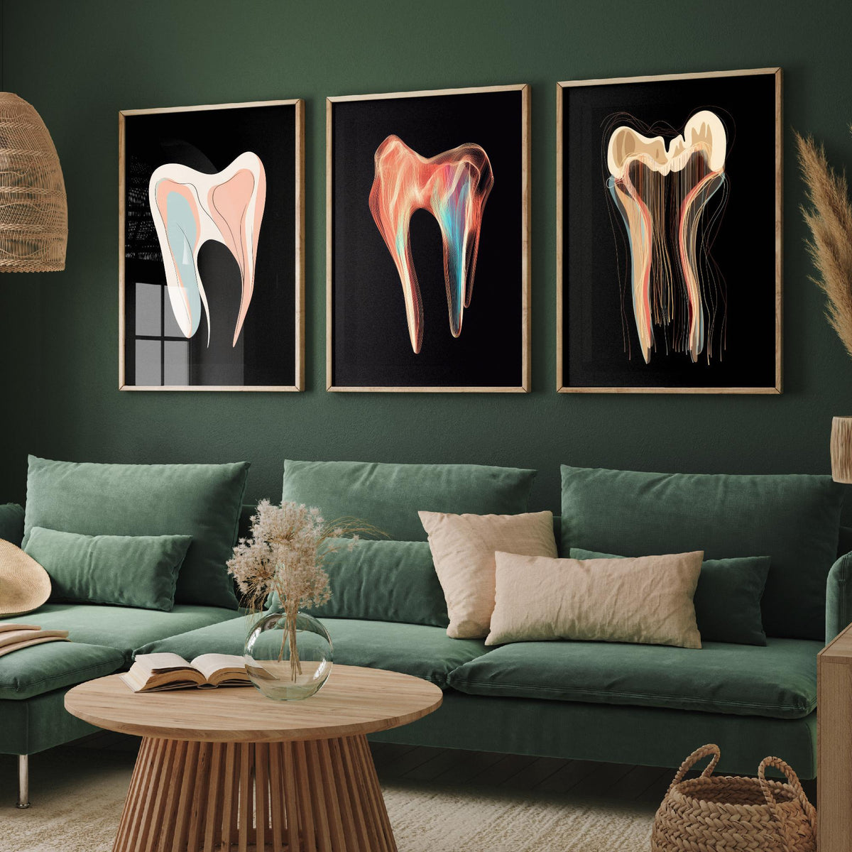 Tooth Symphonies Set of Three Art Prints - Pastel Molar, Iridescent Tooth, Thread Tooth - Abstract Dental Illustration Poster on Black