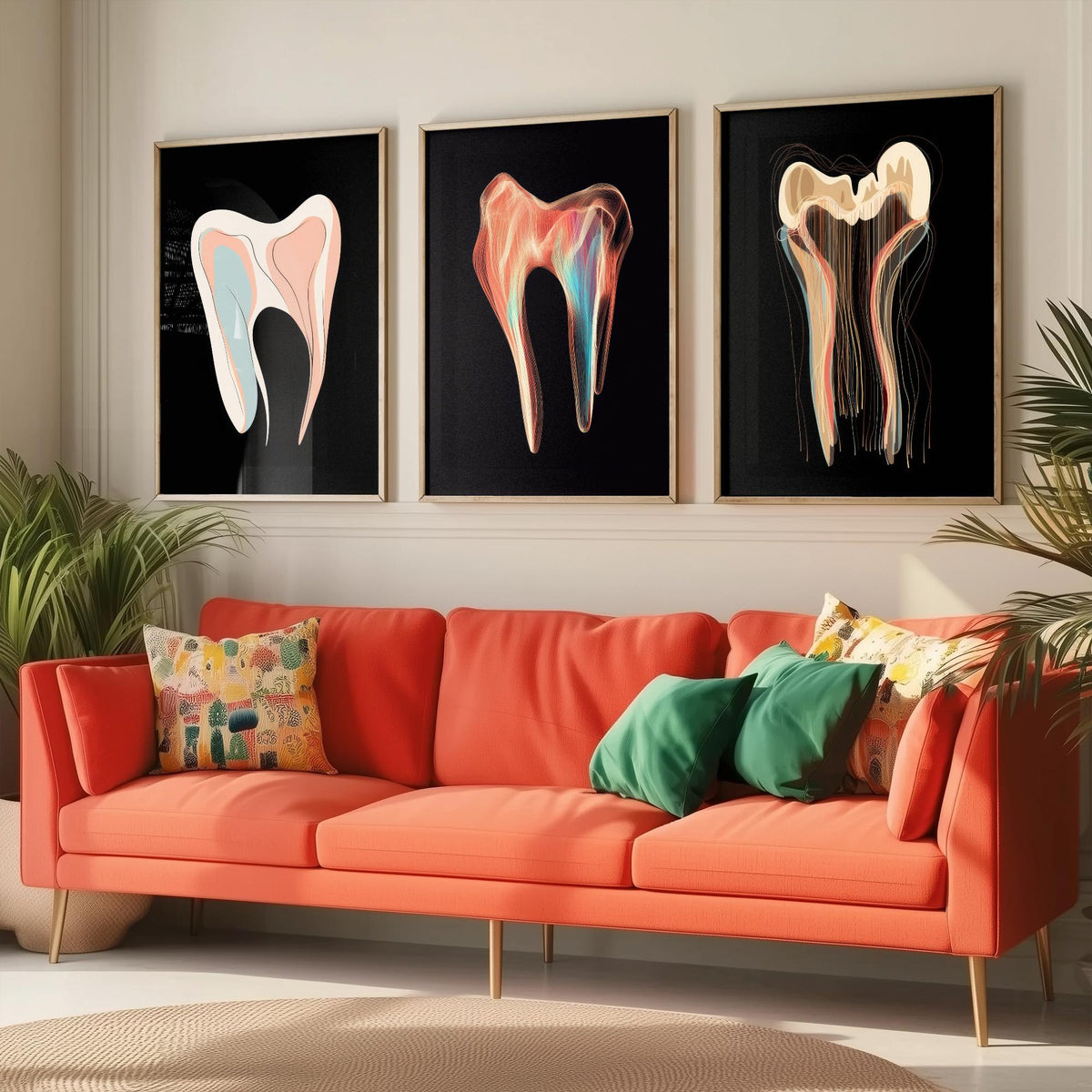 Tooth Symphonies Set of Three Art Prints - Pastel Molar, Iridescent Tooth, Thread Tooth - Abstract Dental Illustration Poster on Black