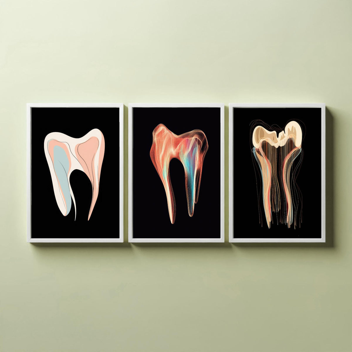 Tooth Symphonies Set of Three Art Prints - Pastel Molar, Iridescent Tooth, Thread Tooth - Abstract Dental Illustration Poster on Black