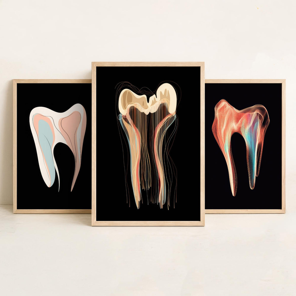 Tooth Symphonies Set of Three Art Prints - Pastel Molar, Iridescent Tooth, Thread Tooth - Abstract Dental Illustration Poster on Black