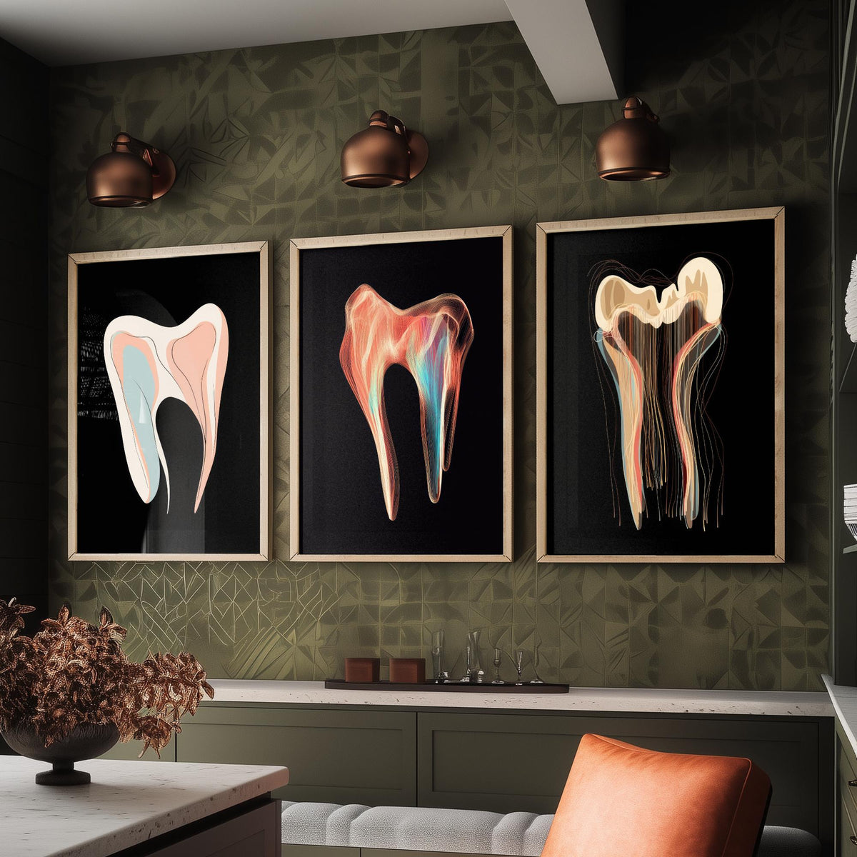 Tooth Symphonies Set of Three Art Prints - Pastel Molar, Iridescent Tooth, Thread Tooth - Abstract Dental Illustration Poster on Black