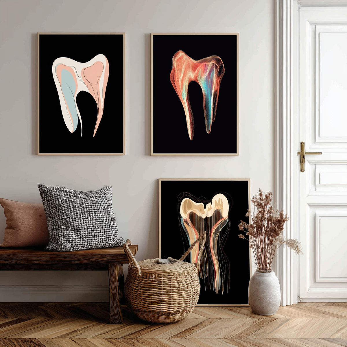 Tooth Symphonies Set of Three Art Prints - Pastel Molar, Iridescent Tooth, Thread Tooth - Abstract Dental Illustration Poster on Black