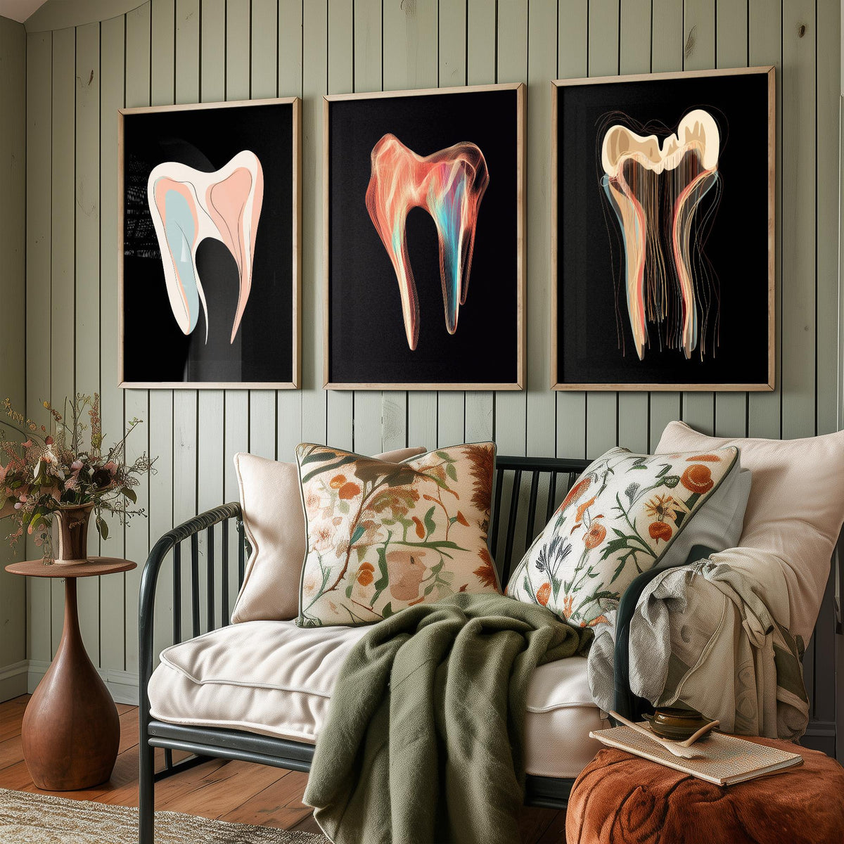 Tooth Symphonies Set of Three Art Prints - Pastel Molar, Iridescent Tooth, Thread Tooth - Abstract Dental Illustration Poster on Black