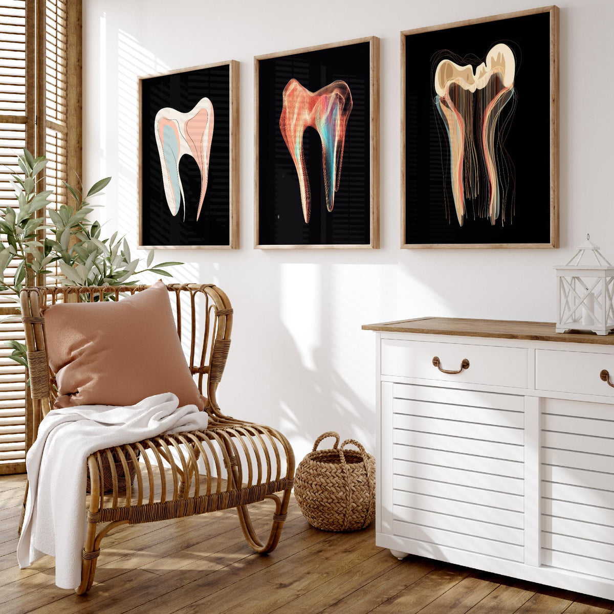 Tooth Symphonies Set of Three Art Prints - Pastel Molar, Iridescent Tooth, Thread Tooth - Abstract Dental Illustration Poster on Black