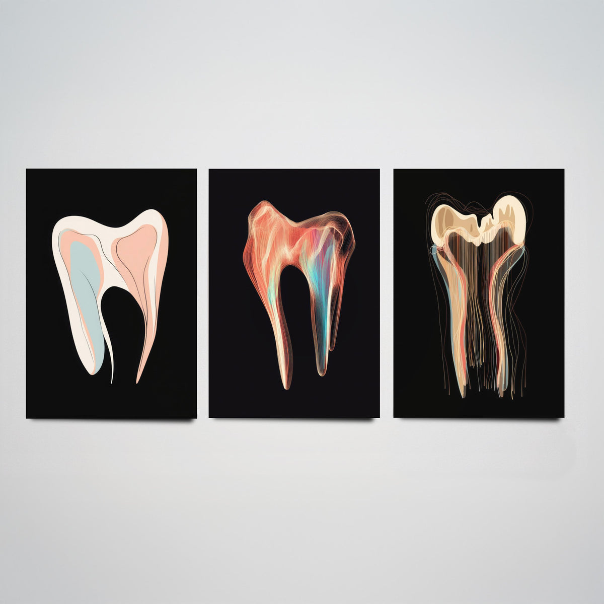 Tooth Symphonies Set of Three Art Prints - Pastel Molar, Iridescent Tooth, Thread Tooth - Abstract Dental Illustration Poster on Black
