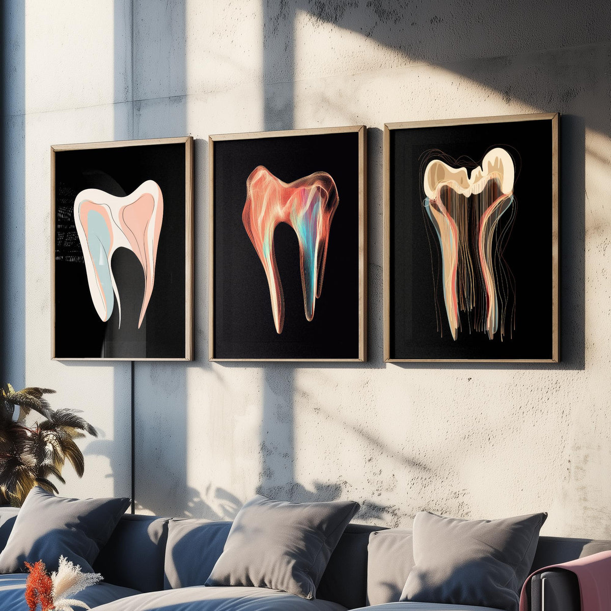 Tooth Symphonies Set of Three Art Prints - Pastel Molar, Iridescent Tooth, Thread Tooth - Abstract Dental Illustration Poster on Black