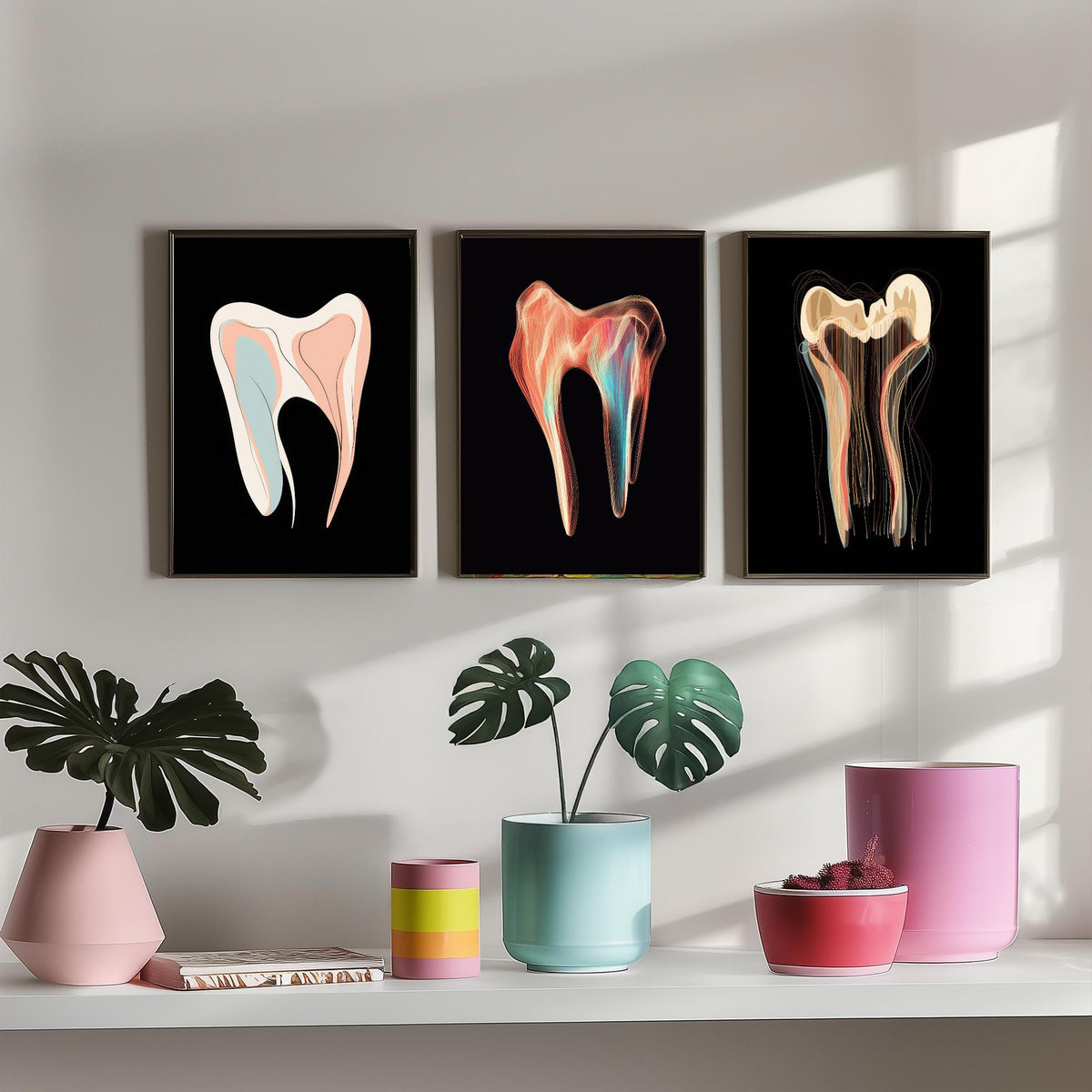 Tooth Symphonies Set of Three Art Prints - Pastel Molar, Iridescent Tooth, Thread Tooth - Abstract Dental Illustration Poster on Black